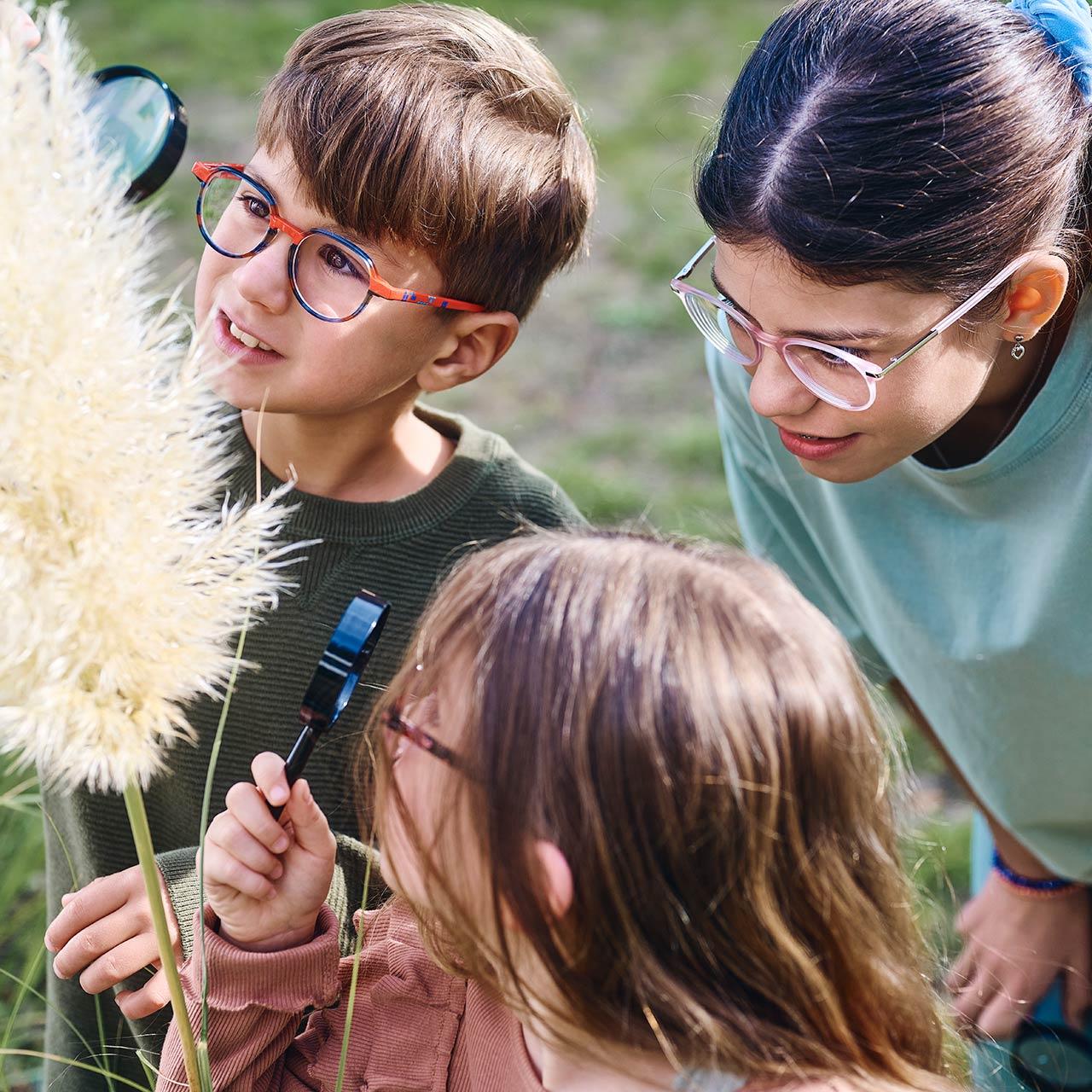 Three children wearing glasses use magnifying glasses to examine plants in a natural environment