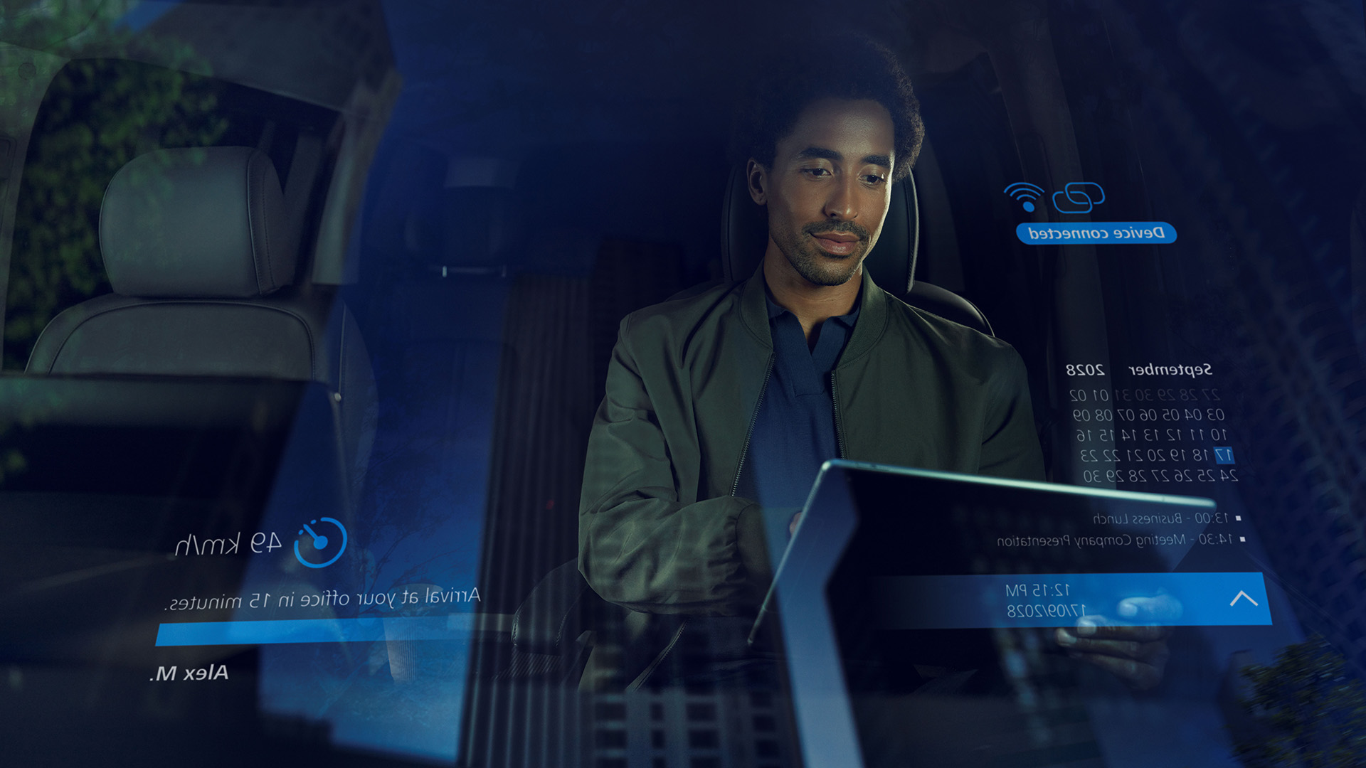 Rendering of a Person inside an autonomous vehicle on the way to the office