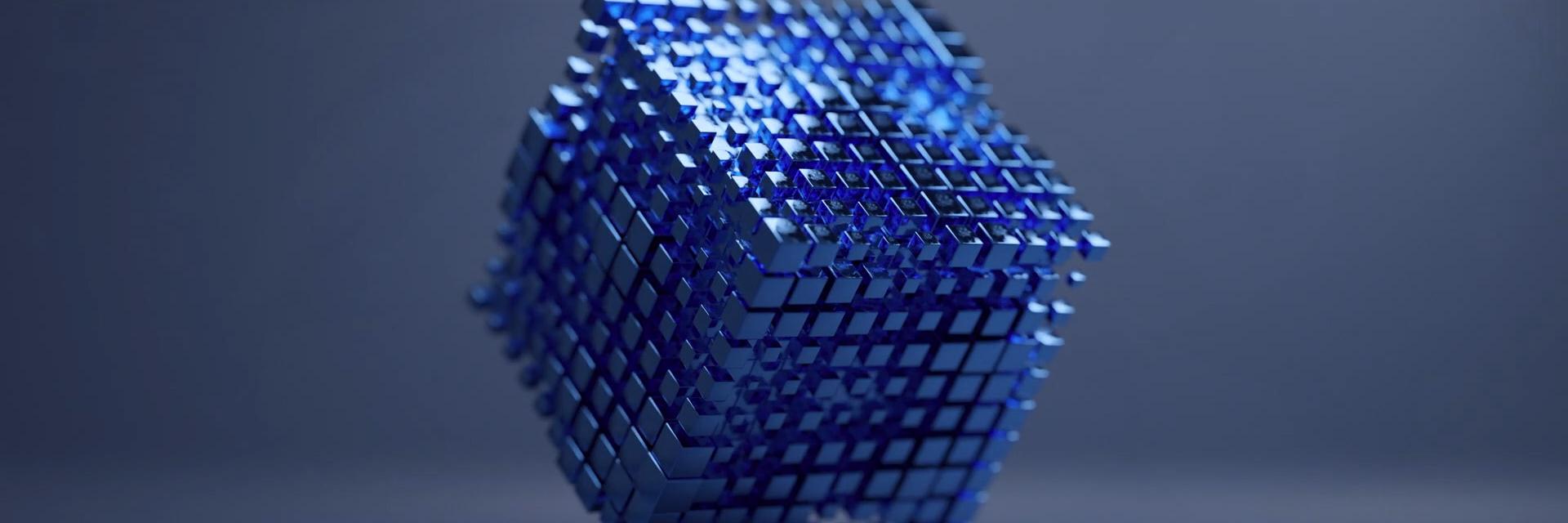 Rendering of a cube made up of many little metallic blue cubes