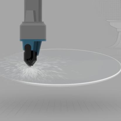 A rendering of a tool mechanically shaping a lens.