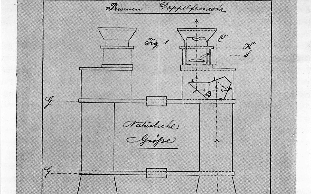 Handwritten construction drawing of a prismatic field pricker by Moritz Hensoldt