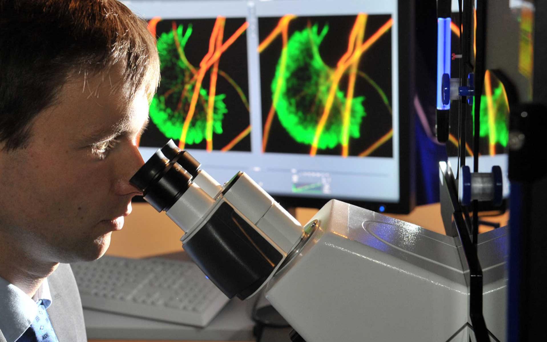 Employees in front of microscope of Carl Zeiss MicroImaging GmbH