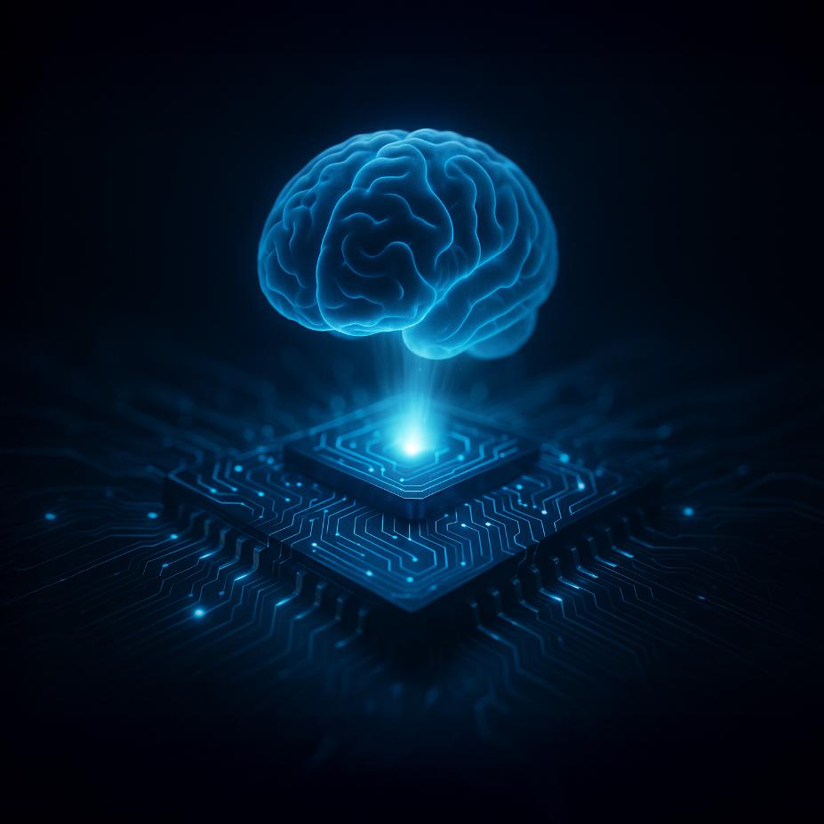 A glowing blue human brain hovers above a computer chip against a black background.