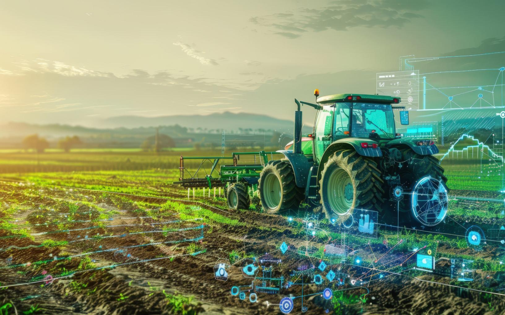 Smart tractor in a field with digital data overlays representing precision farming technology.