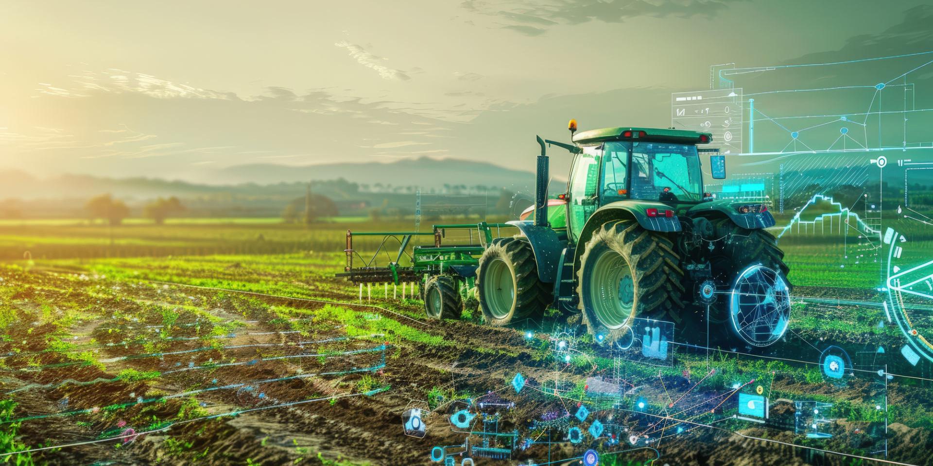 A tractor drives across a field toward the sunset.
