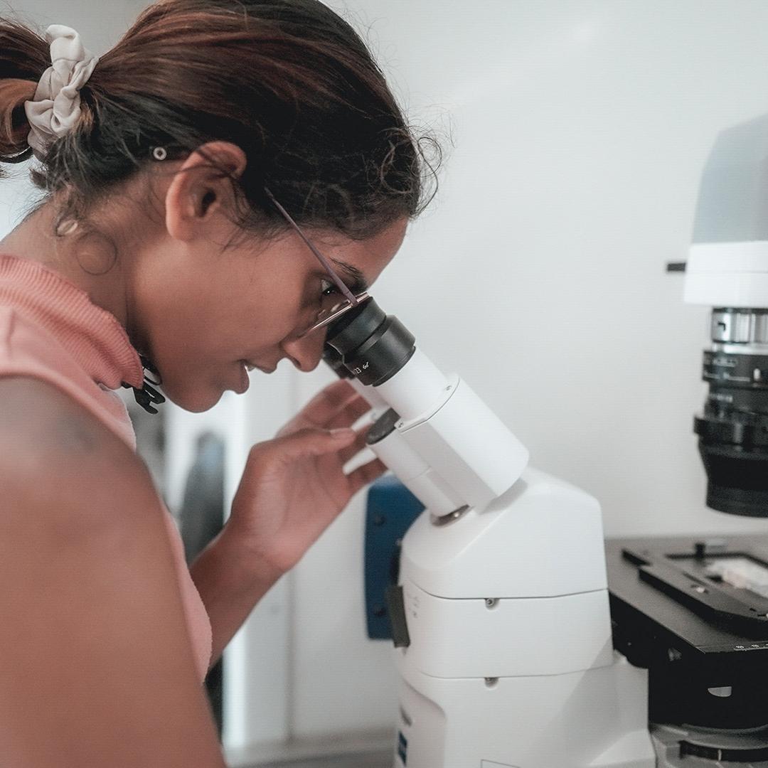Scientist working at a microscope in the laboratory
