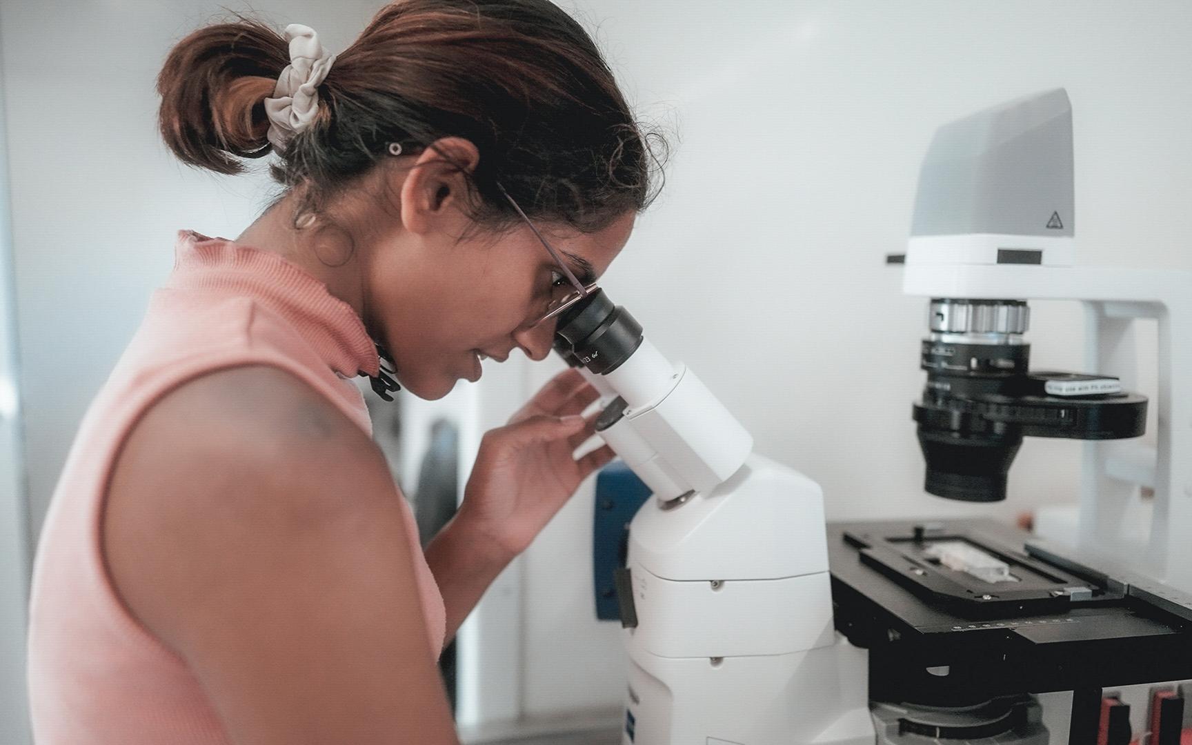 Researchers examine samples in the lab