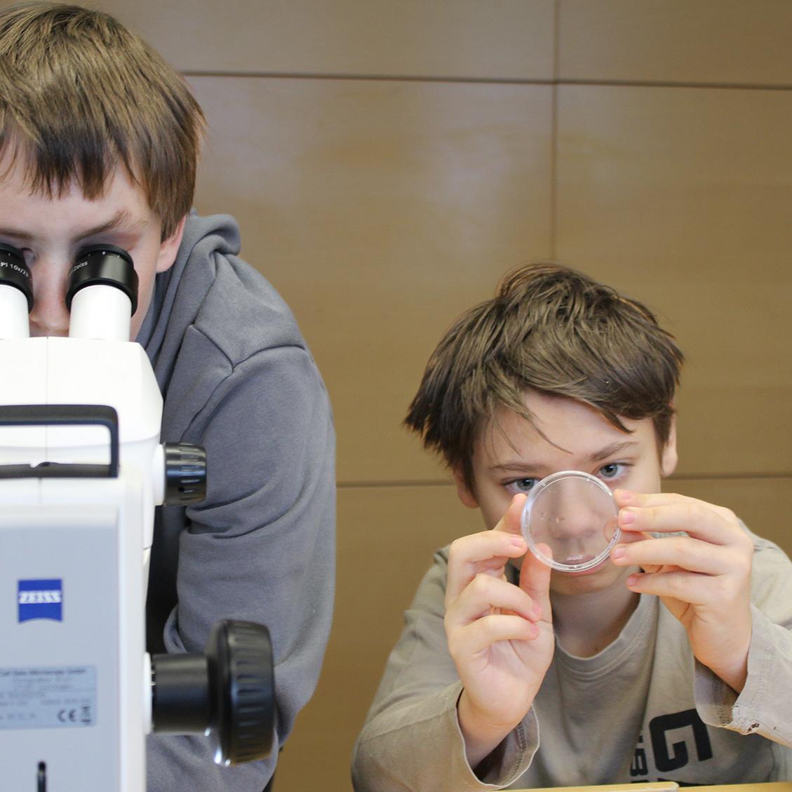 Children looking through a microscope