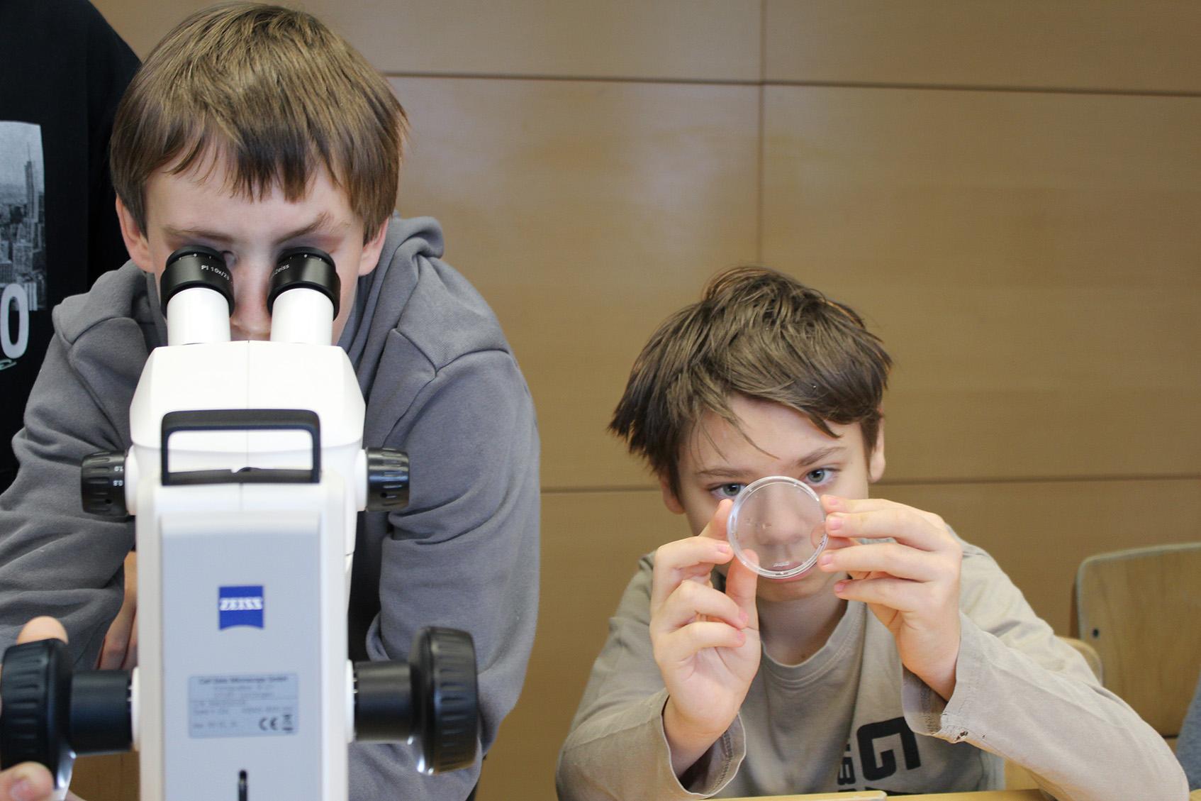 Children looking through a microscope