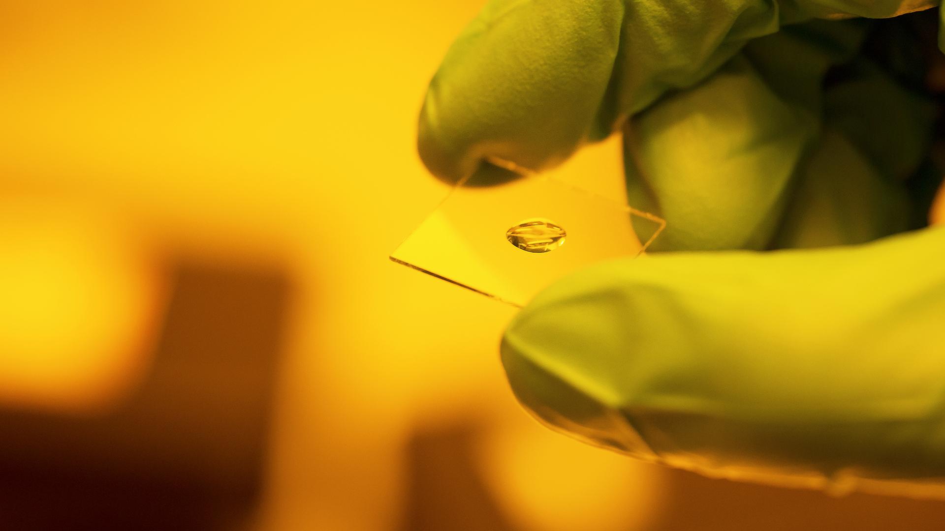 As thick as honey: A drop of photoresist on a cover glass.