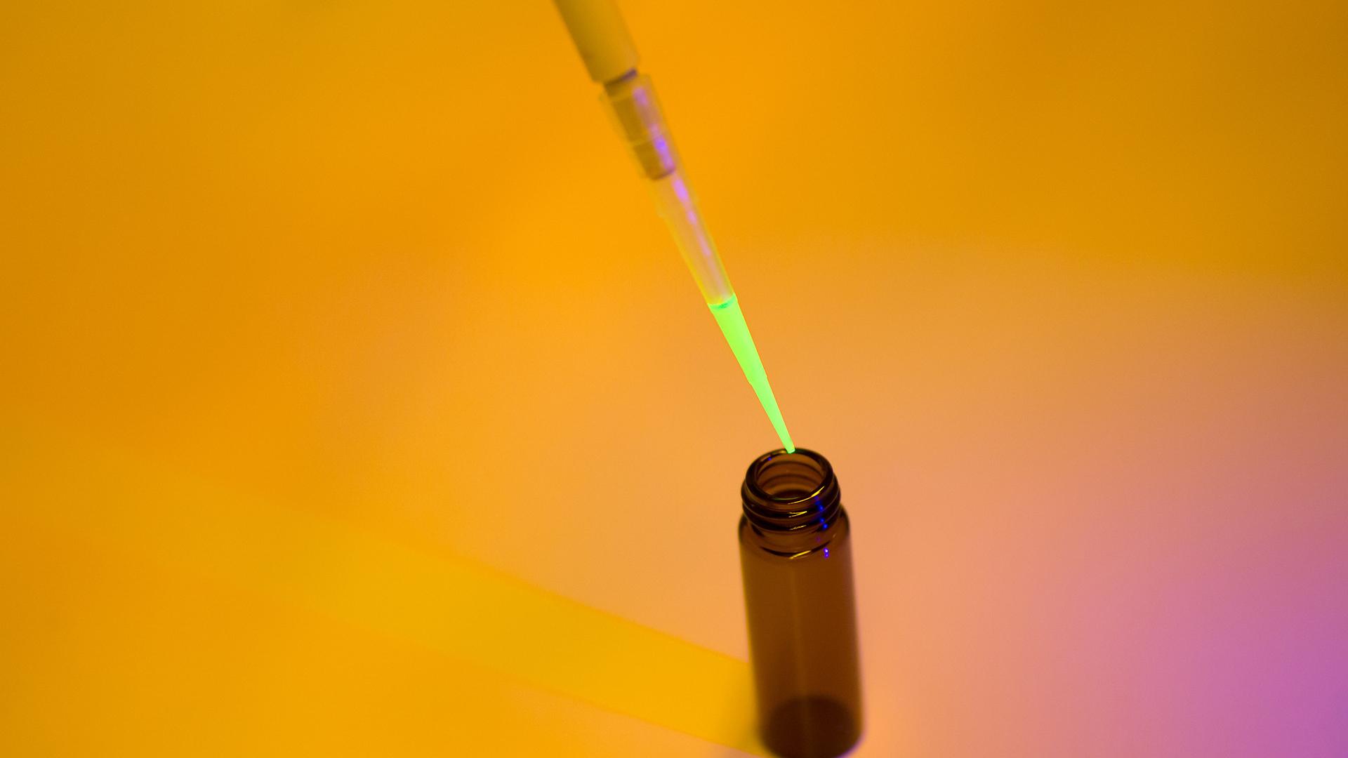 Mayer uses a pipette to transfer the fluorescent dye to a small bottle.
