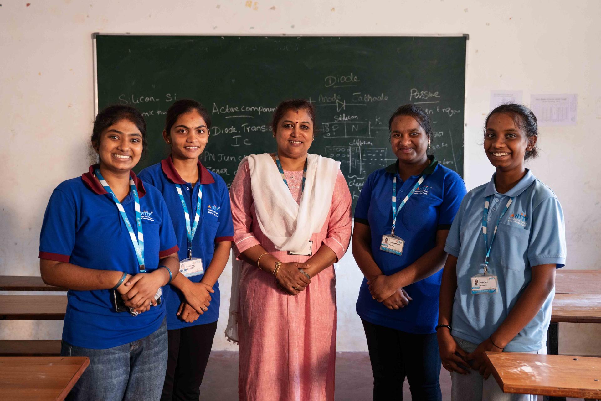 Four schoolgirls with their teacher