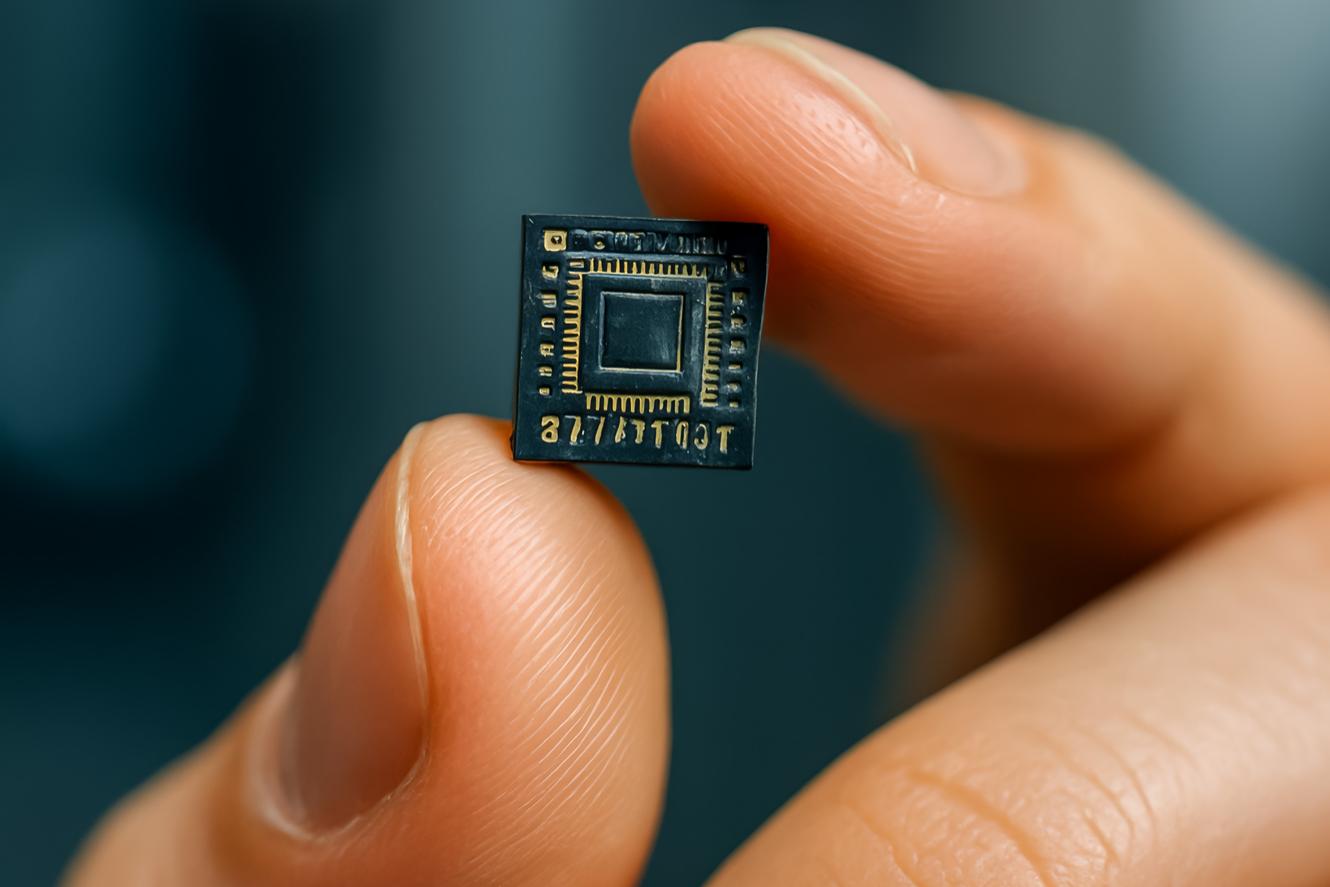 Hand holds a microchip up to the camera.