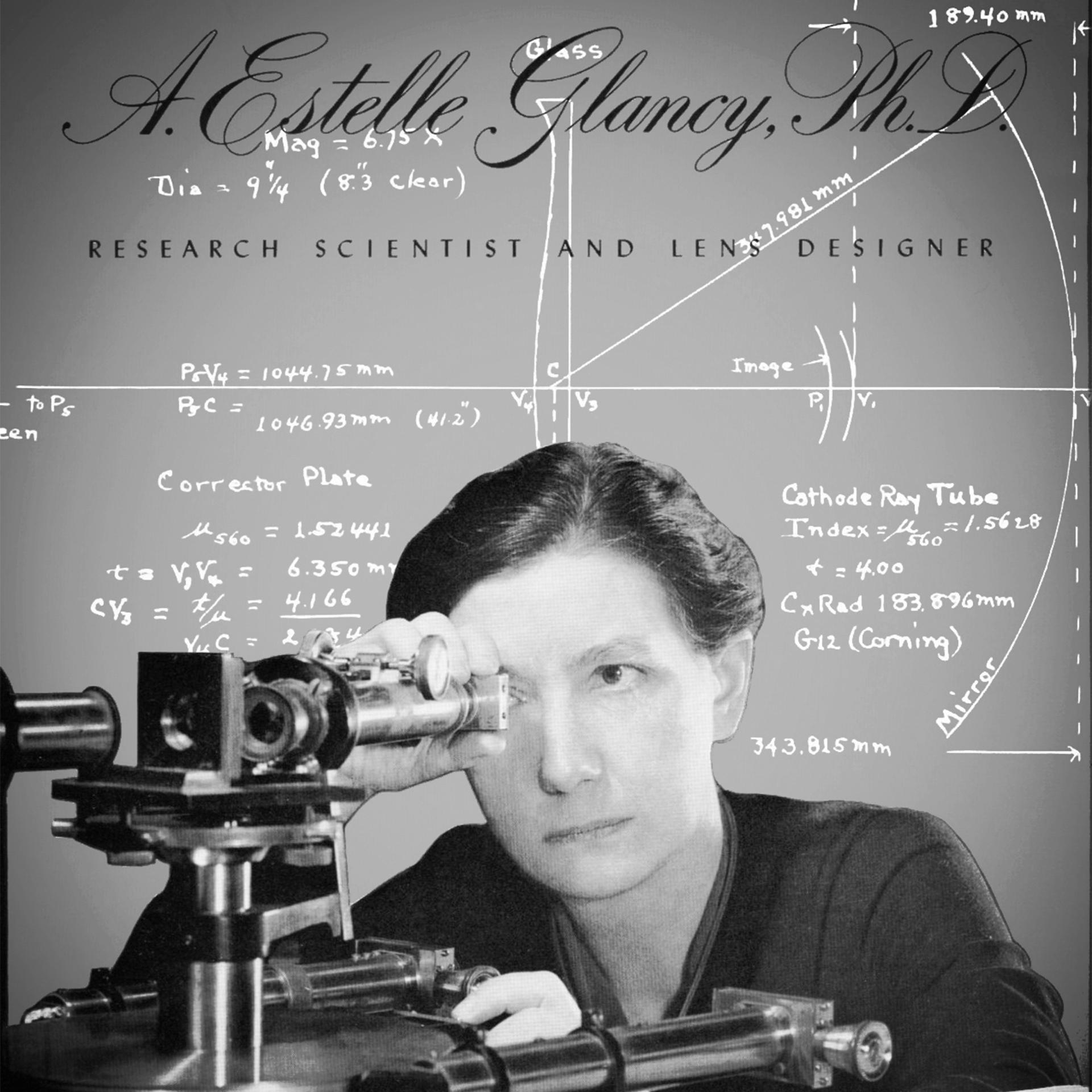 A 1930 magazine cover showing a woman (Dr. Anna Estelle Glancy) looking through a microscope. The headline reads: A. Estelle Glancy Ph.D., Research Scientist and Lens Designer