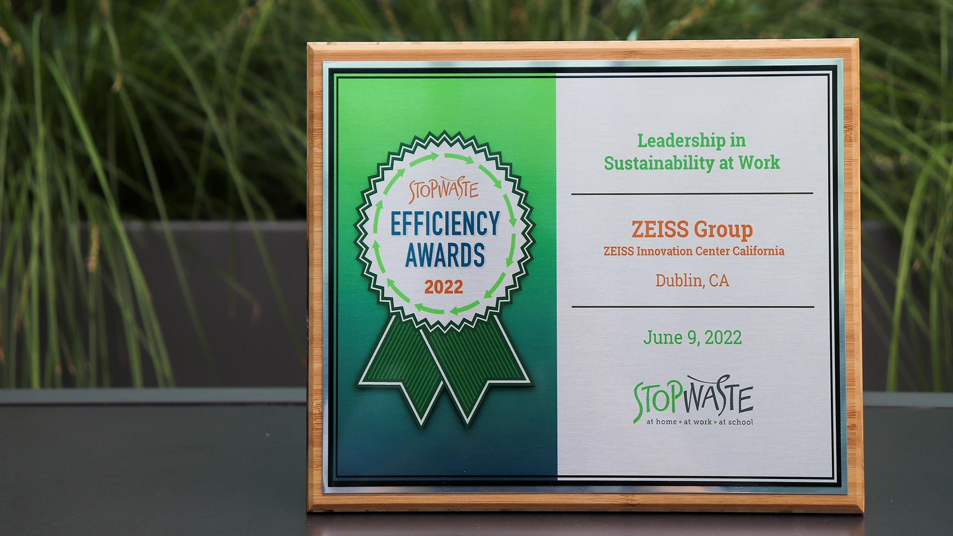 StopWaste Award certificate - Leadership in sustainability at work dedicated to ZEISS Group, ZEISS Innovation Center California, Dublin, CA. June 9, 2022.