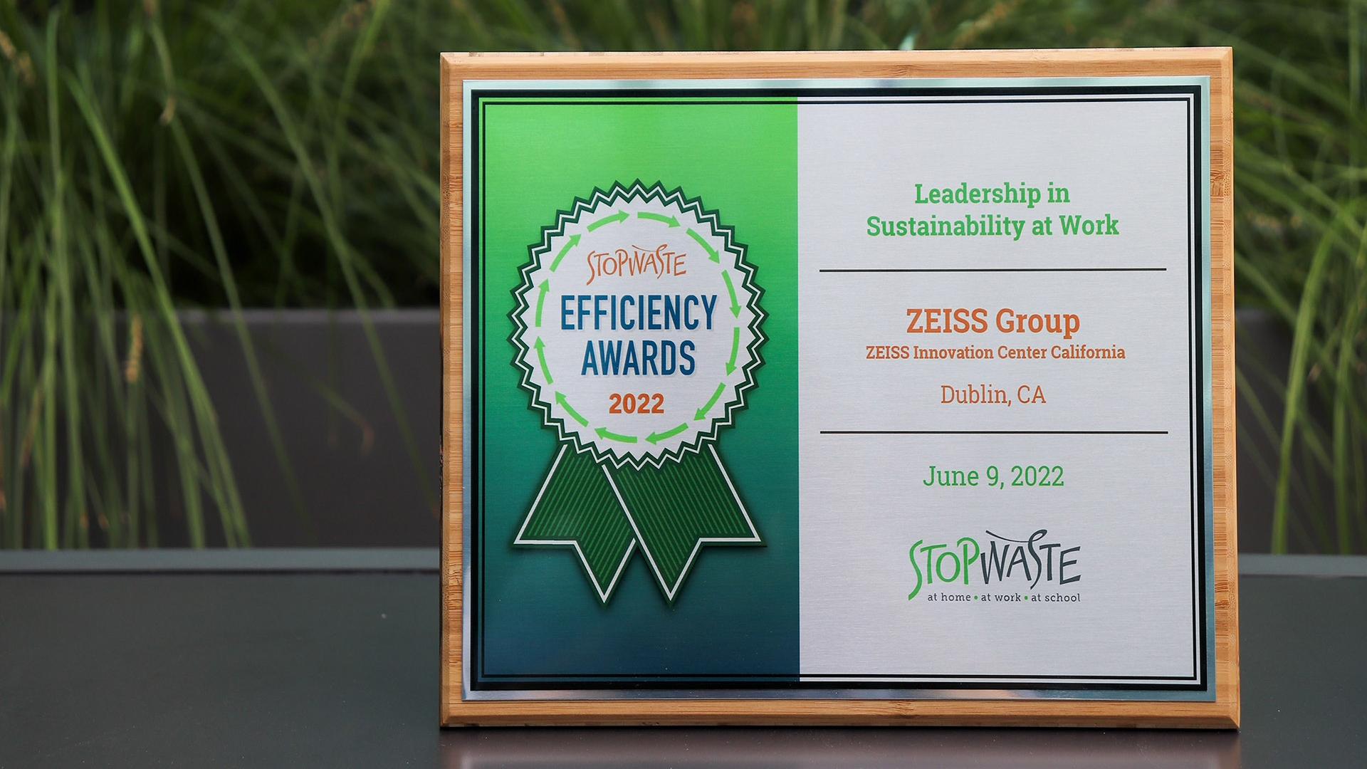 StopWaste Award certificate - Leadership in sustainability at work dedicated to ZEISS Group, ZEISS Innovation Center California, Dublin, CA. June 9, 2022.