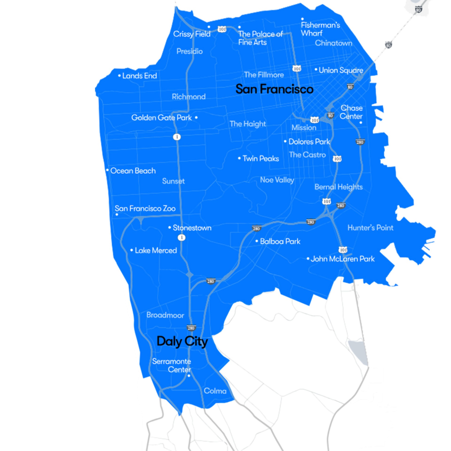 Eine Karte von San Francisco und Daly City, auf der verschiedene Stationen markiert sind.