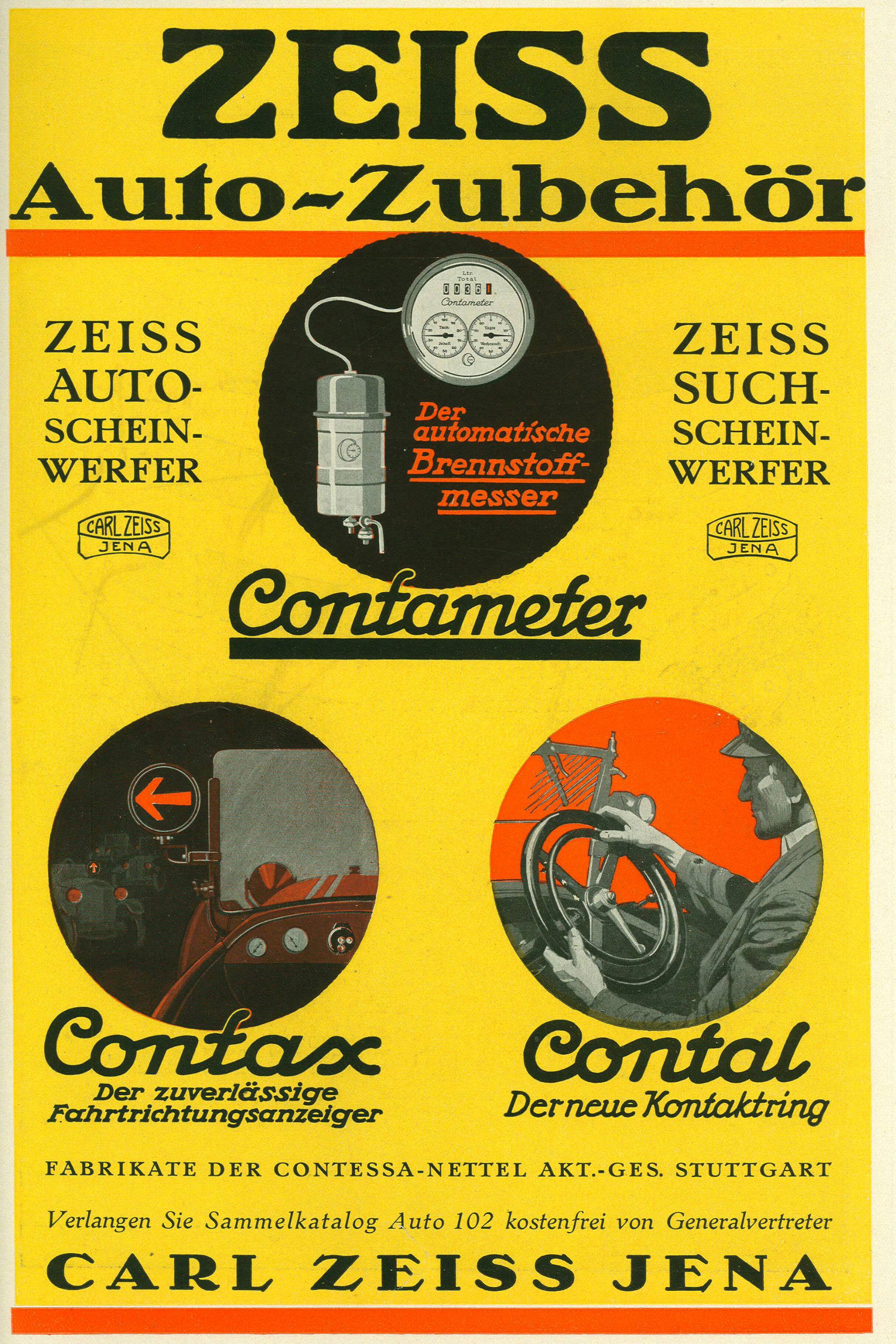 Werbung für ZEISS Auto-Zubehör: Contameter, Contax und Contal.