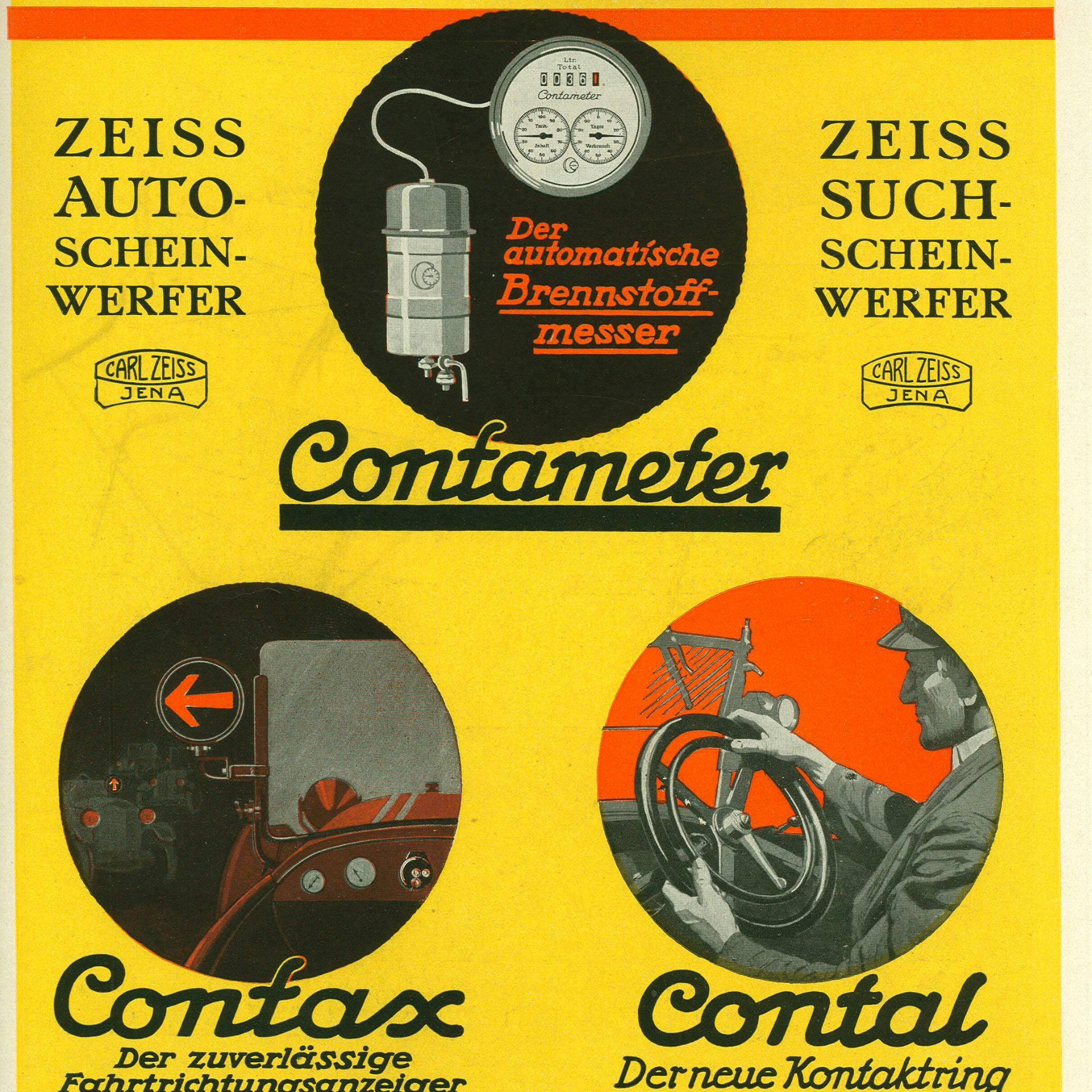 Werbung für ZEISS Auto-Zubehör: Contameter, Contax und Contal.