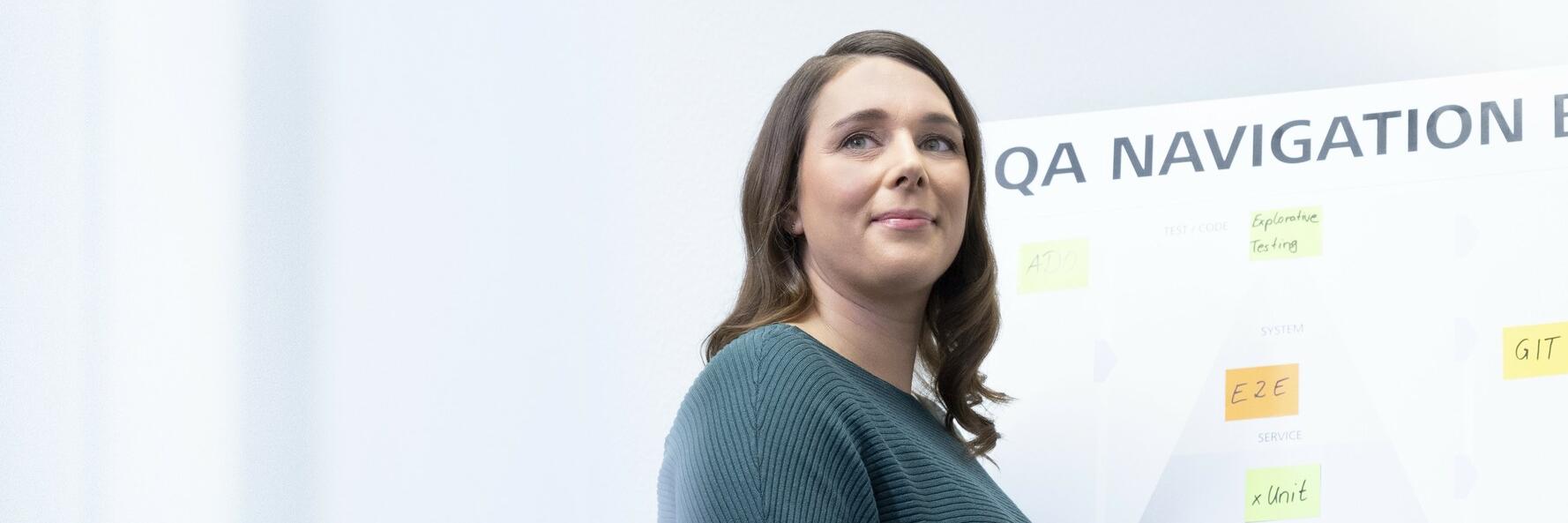 Maria steht vor einem Whiteboard mit dem Überschrift 'QA Navigation Board'