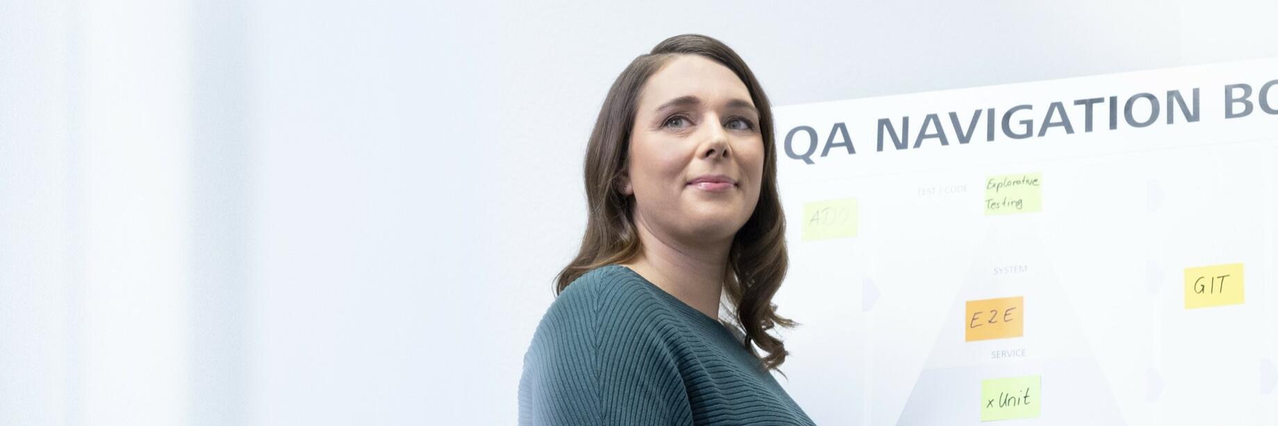 Maria stands in front of a whiteboard with the heading 'QA Navigation Board'