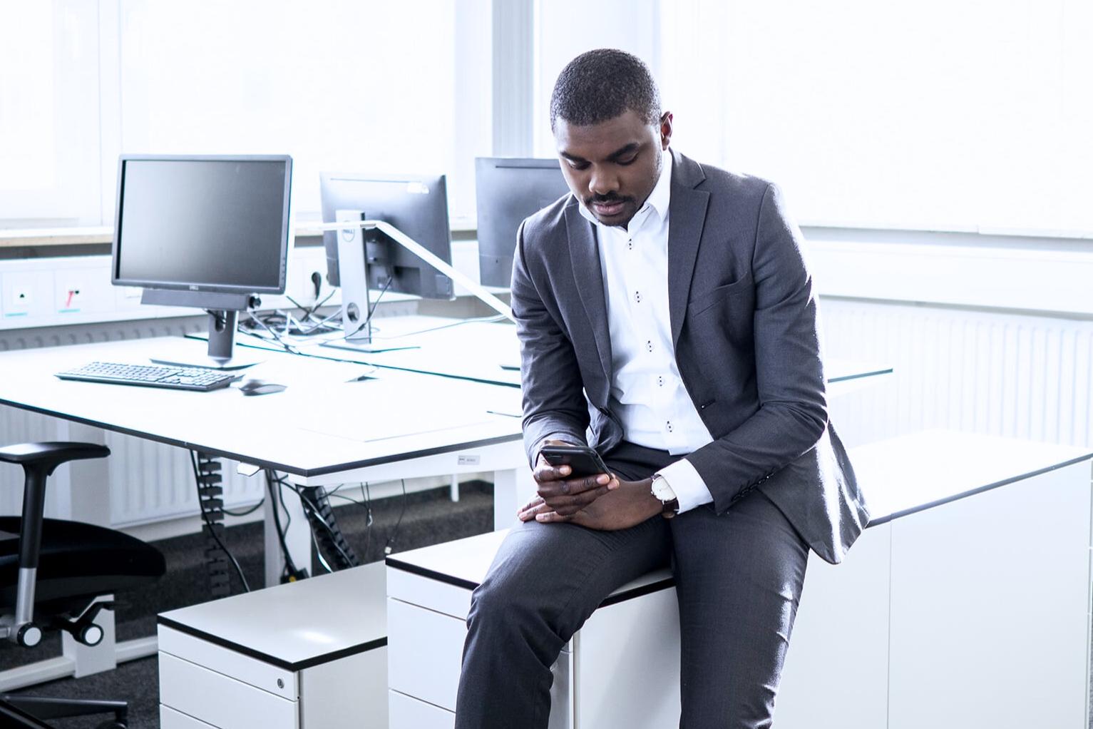 Romeo perches on an office cabinet, holds a cell phone in his hand and concentrates as he looks at the screen