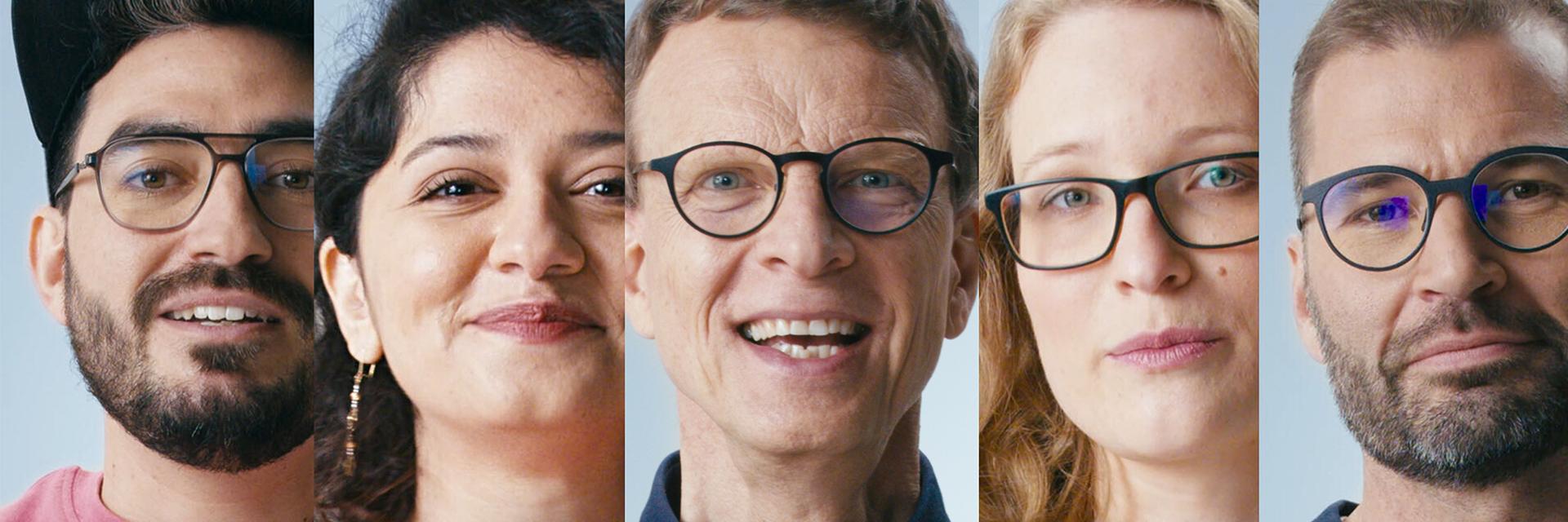 Fünf Personen, alle in die Kamera schauend, nebeneinander in separaten Segmenten. Jede Person hat einen eigenen Stil und Ausdruck, was Vielfalt zeigt.
