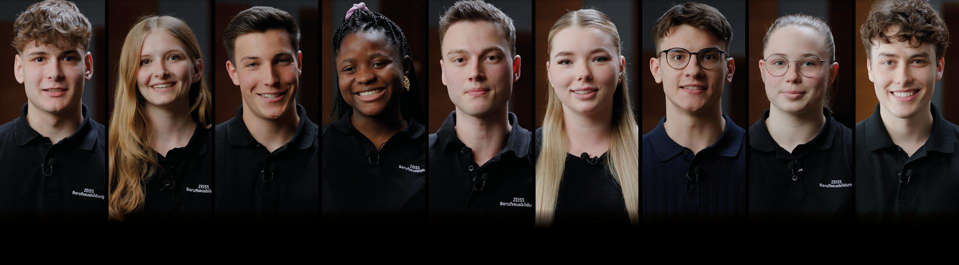 ZEISS Karriere Start Stage Bild mit neun jungen Menschen aus der betrieblichen Ausbildung in dunklen Fimenpoloshirts.