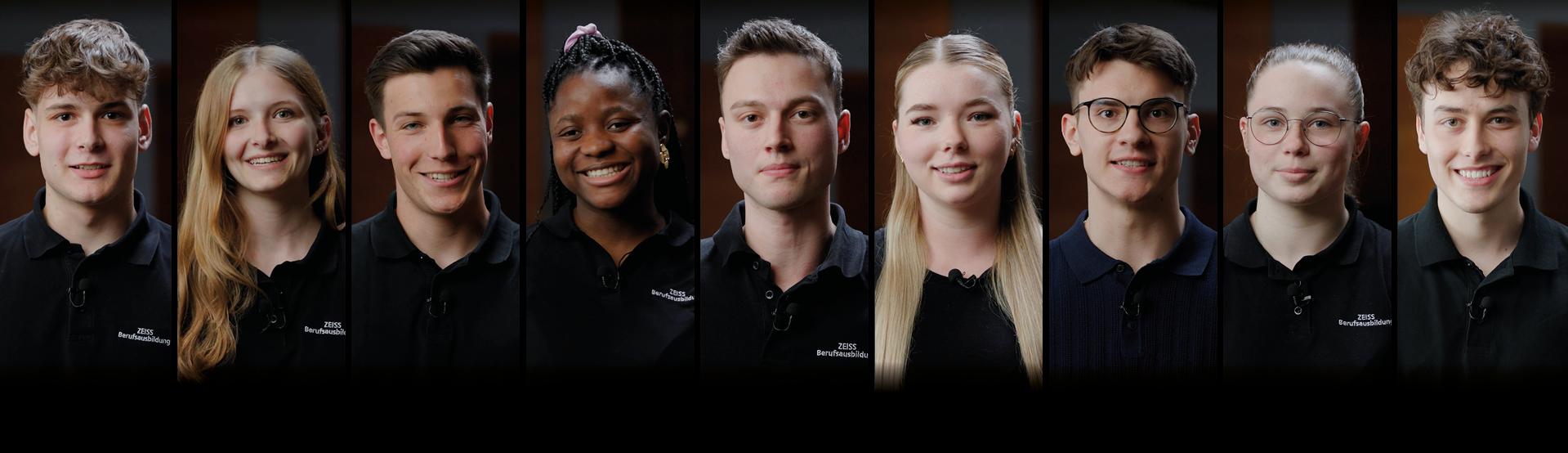 ZEISS Karriere Start Stage Bild mit neun jungen Menschen aus der betrieblichen Ausbildung in dunklen Fimenpoloshirts.