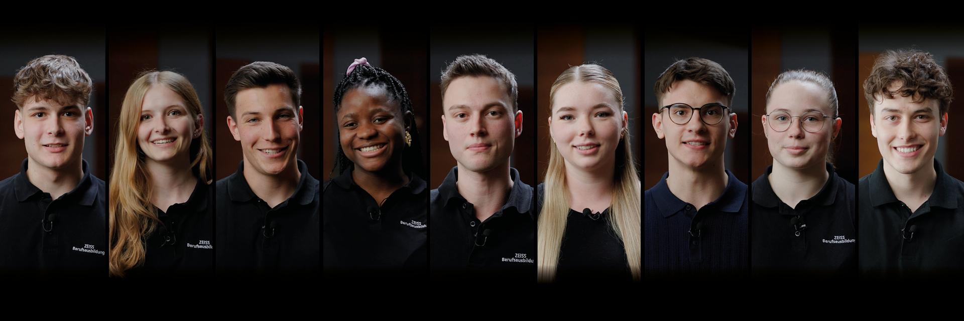 ZEISS Karriere Start Stage Bild mit neun jungen Menschen aus der betrieblichen Ausbildung in dunklen Fimenpoloshirts.
