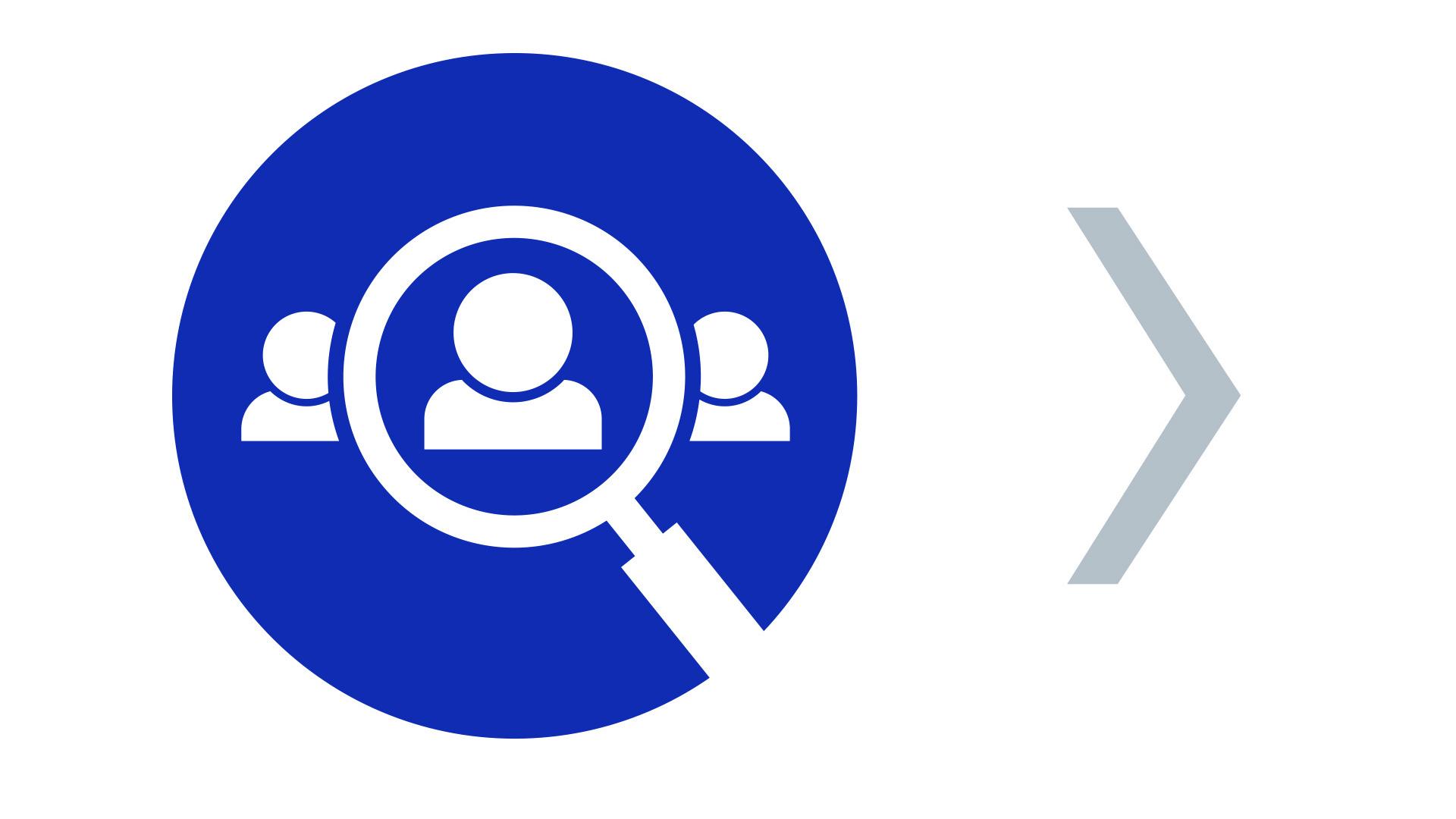 Pictogram of the candidate selection process. A row of applicants is enlarged through a magnifying glass.