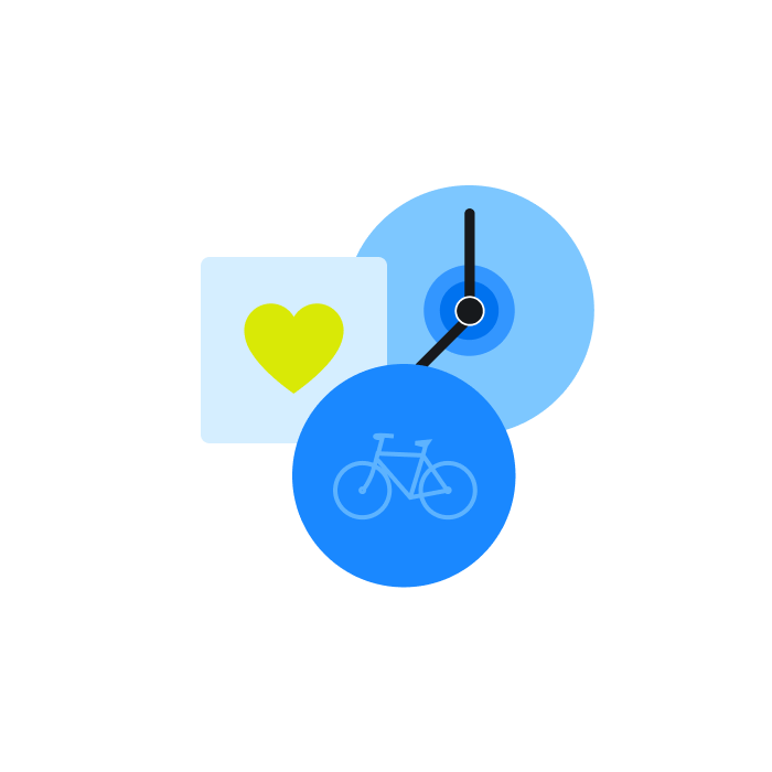 Piktogramm von drei hintereinander angeordnetetn Symbolen: Fahrrad, Herz und Uhr