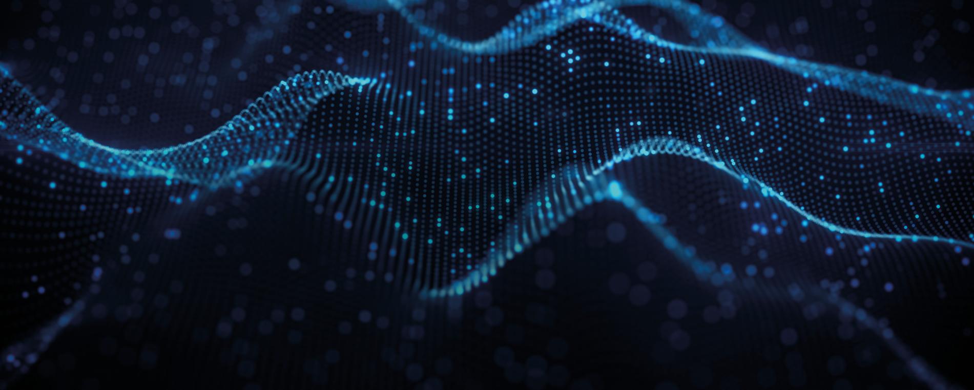 Abstract digital landscape of glowing blue data points forming wave-like structures on a dark background.