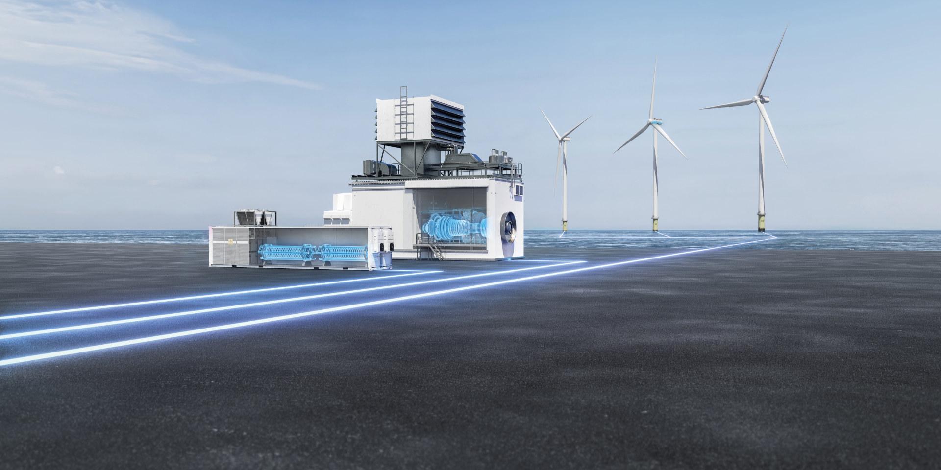 A futuristic ZEISS facility is situated near offshore wind turbines with glowing blue lines.