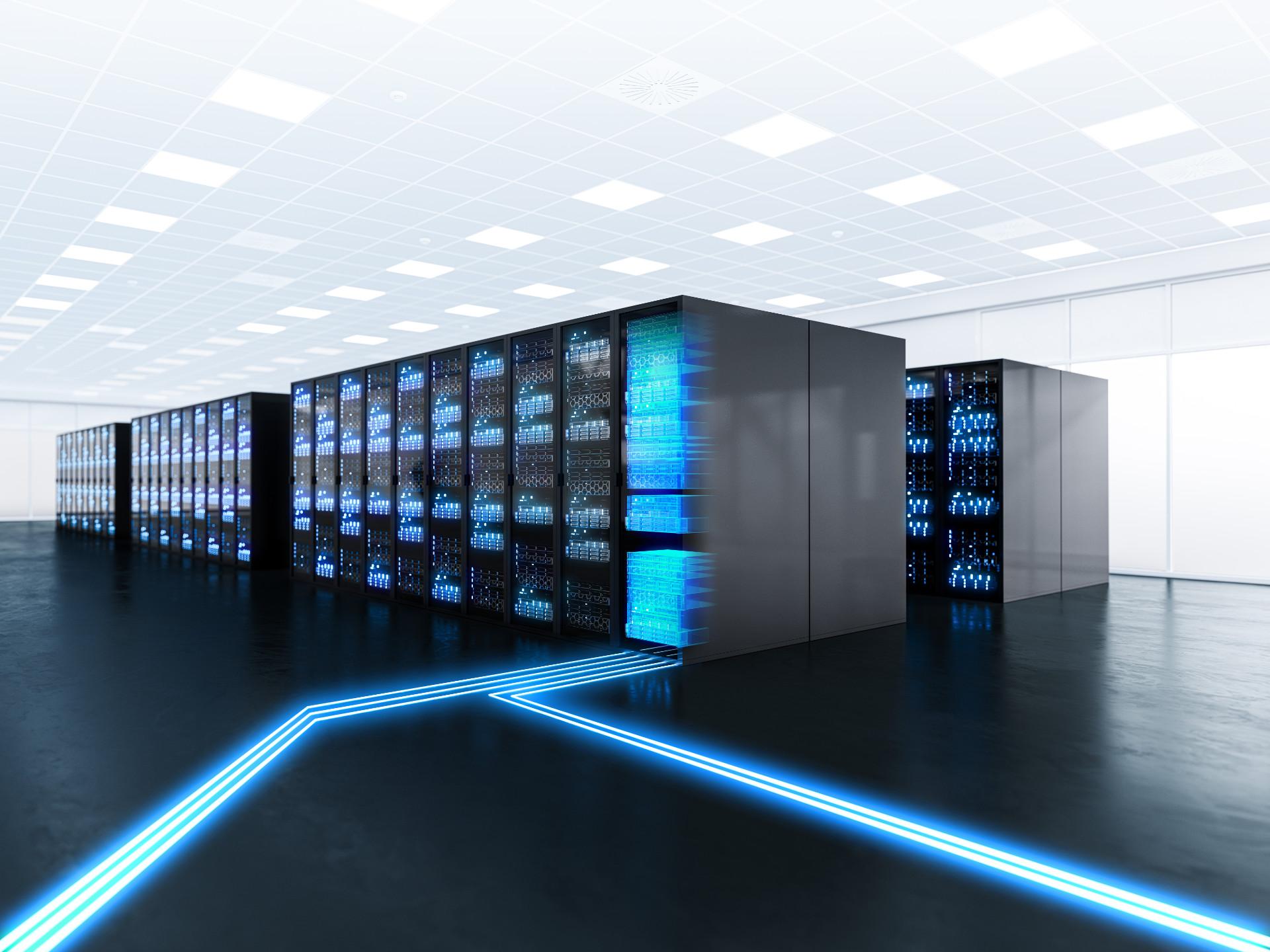 Modern data center with glowing servers