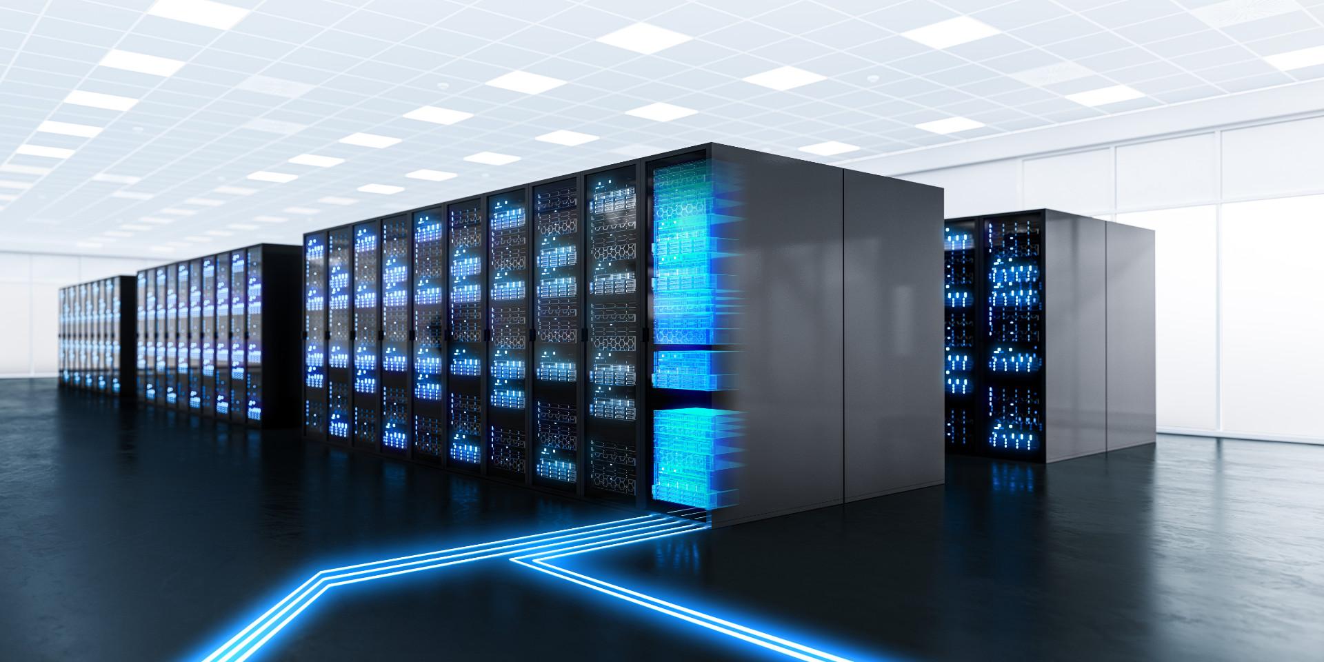 Modern data center with glowing servers