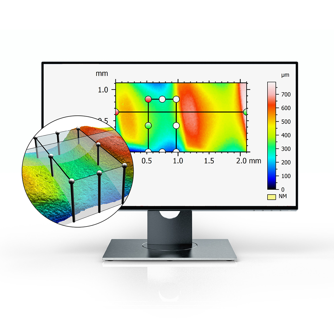 Topographical representation of a large section of a screw with a color-coded height map of the surface.