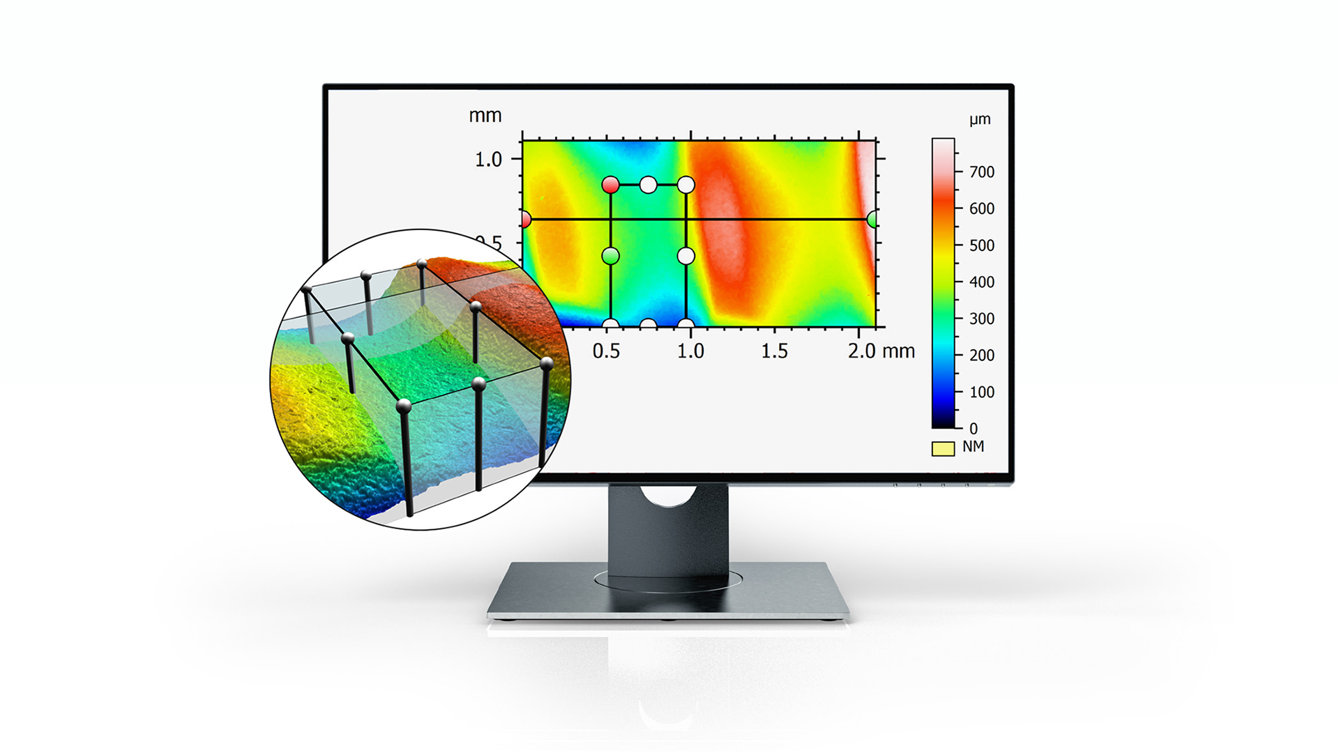 Topographical representation of a large section of a screw with a color-coded height map of the surface.