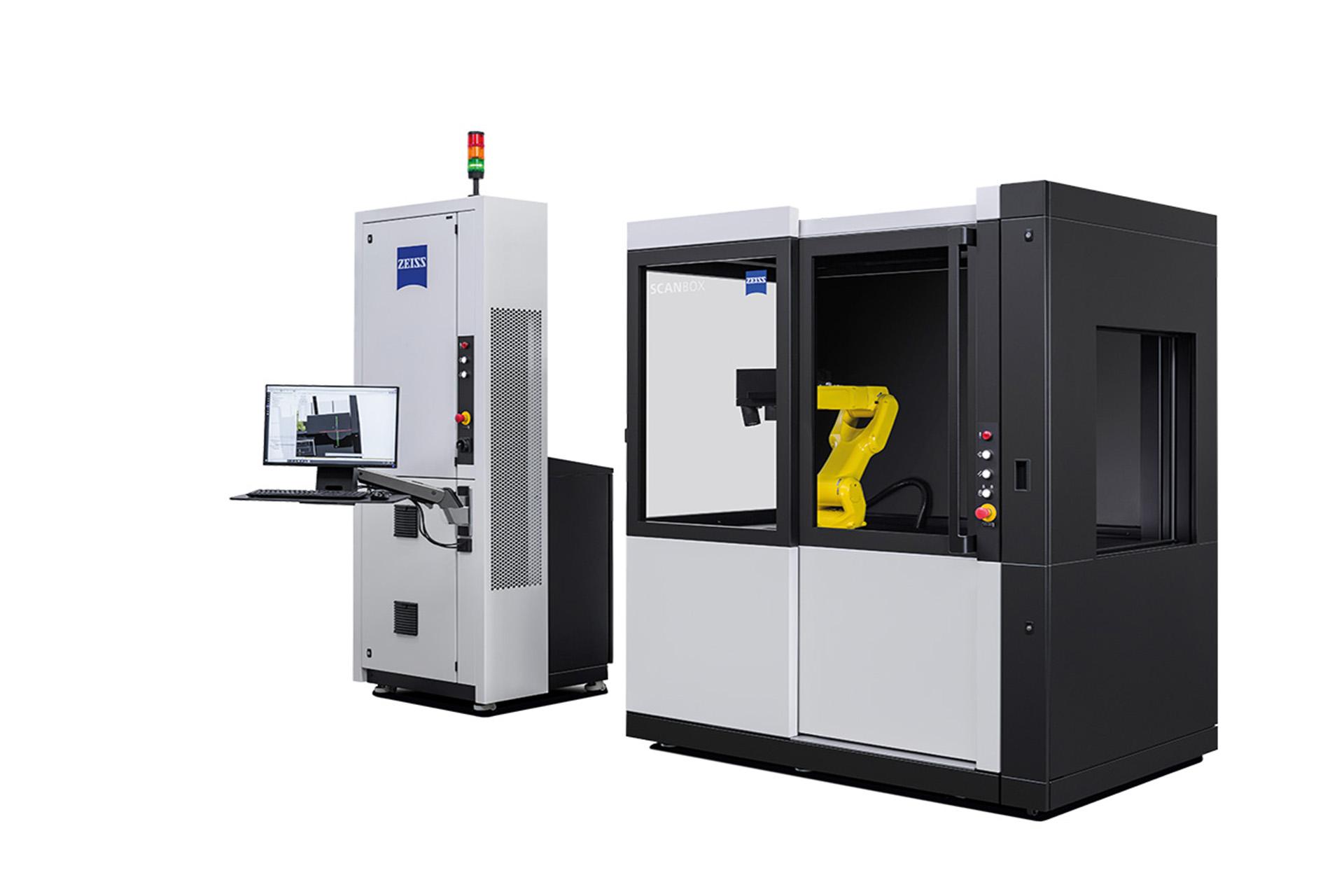 Optical 3D measuring machine ZEISS ScanBox 4105 RC with monitor and a connected automated enclosure. 