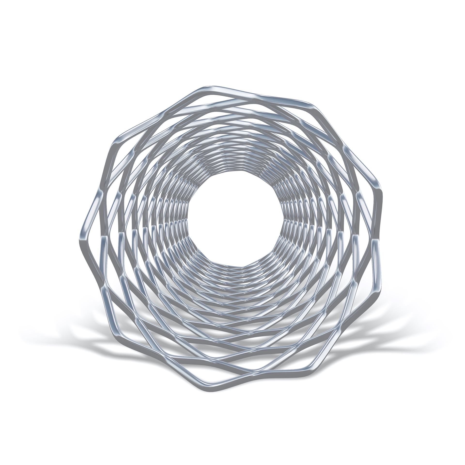 Metallic stent structure shown in a symmetrical, tunnel-like view highlighting its intricate design, as used in ZEISS medical technologies.