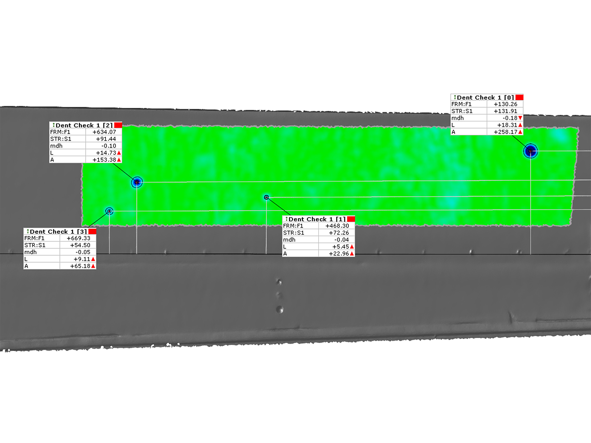3D surface scan with color mapping and multiple dent analysis checkpoints displayed using ZEISS inspection software.