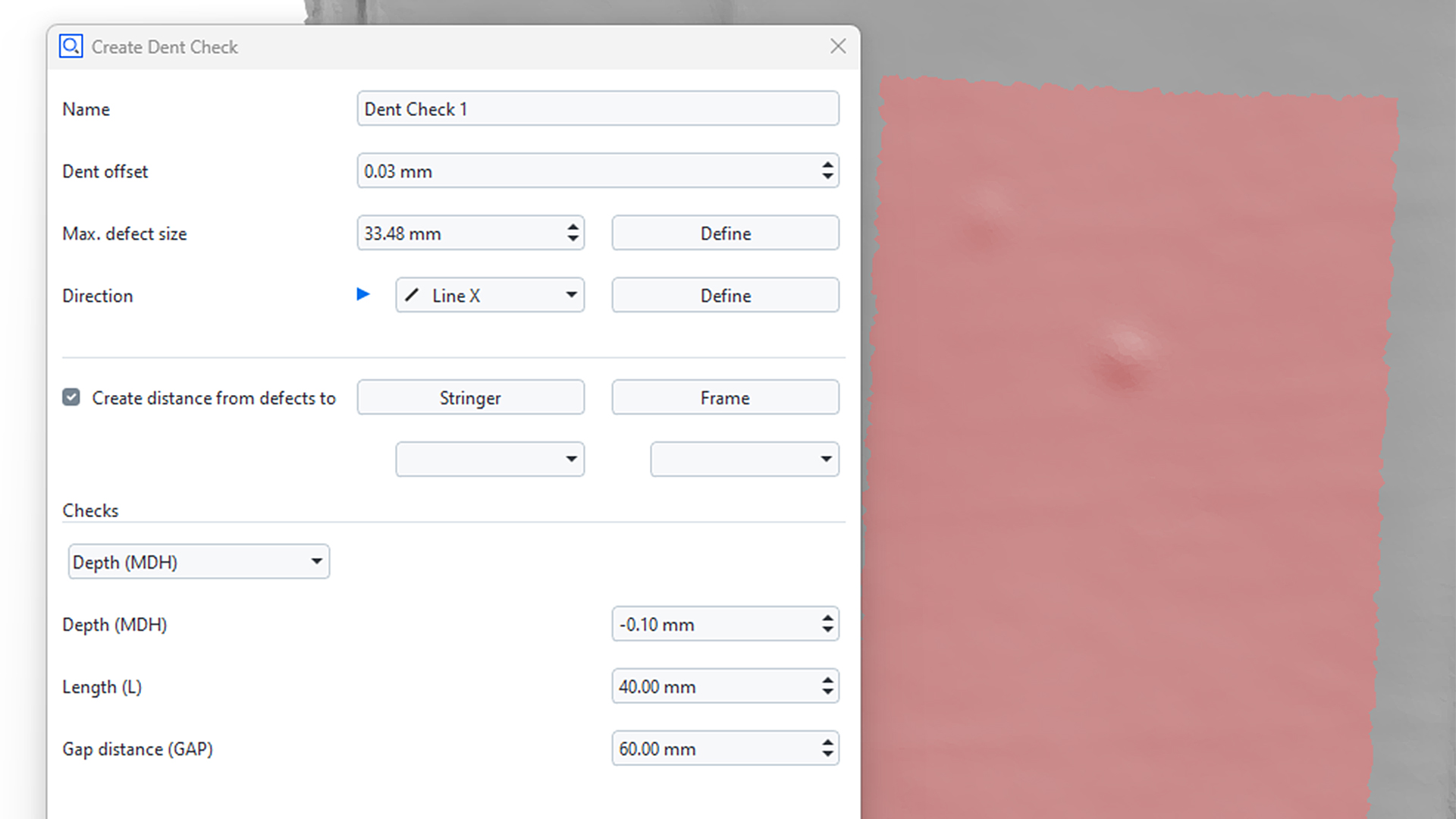 Screenshot of a ZEISS software interface displaying settings for creating a dent check, including parameters for dent offset, maximum defect size, direction, and measurement criteria.