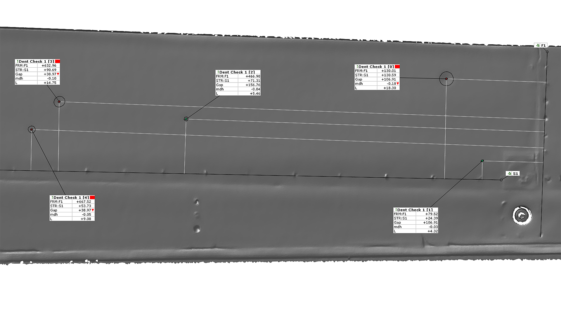 3D scan image showing dimensional inspection data points and measurements on a metal surface using ZEISS metrology technology.