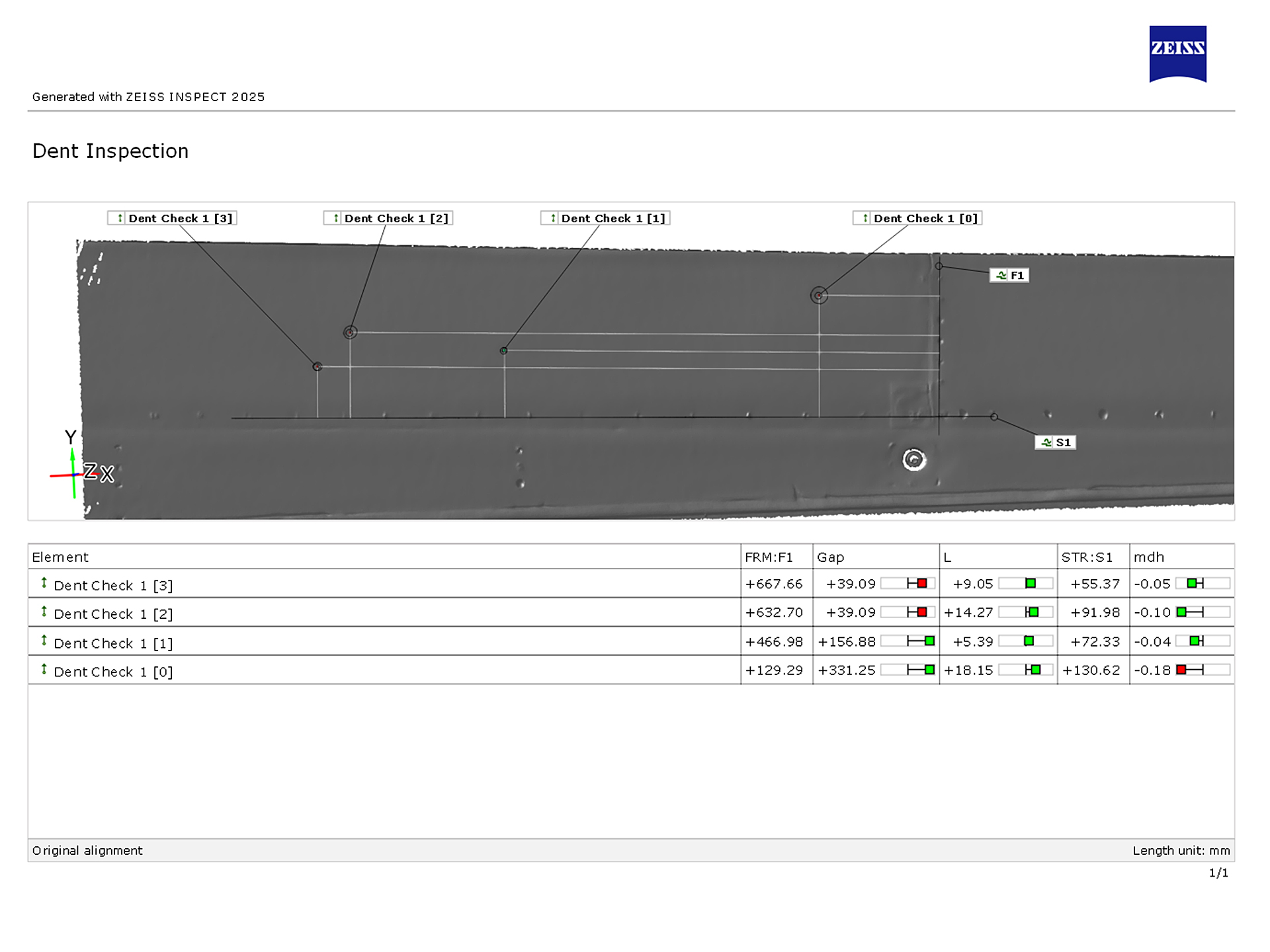 3D scan image showing dent inspection results with measurement data and labeled check points, generated with ZEISS INSPECT 2025.