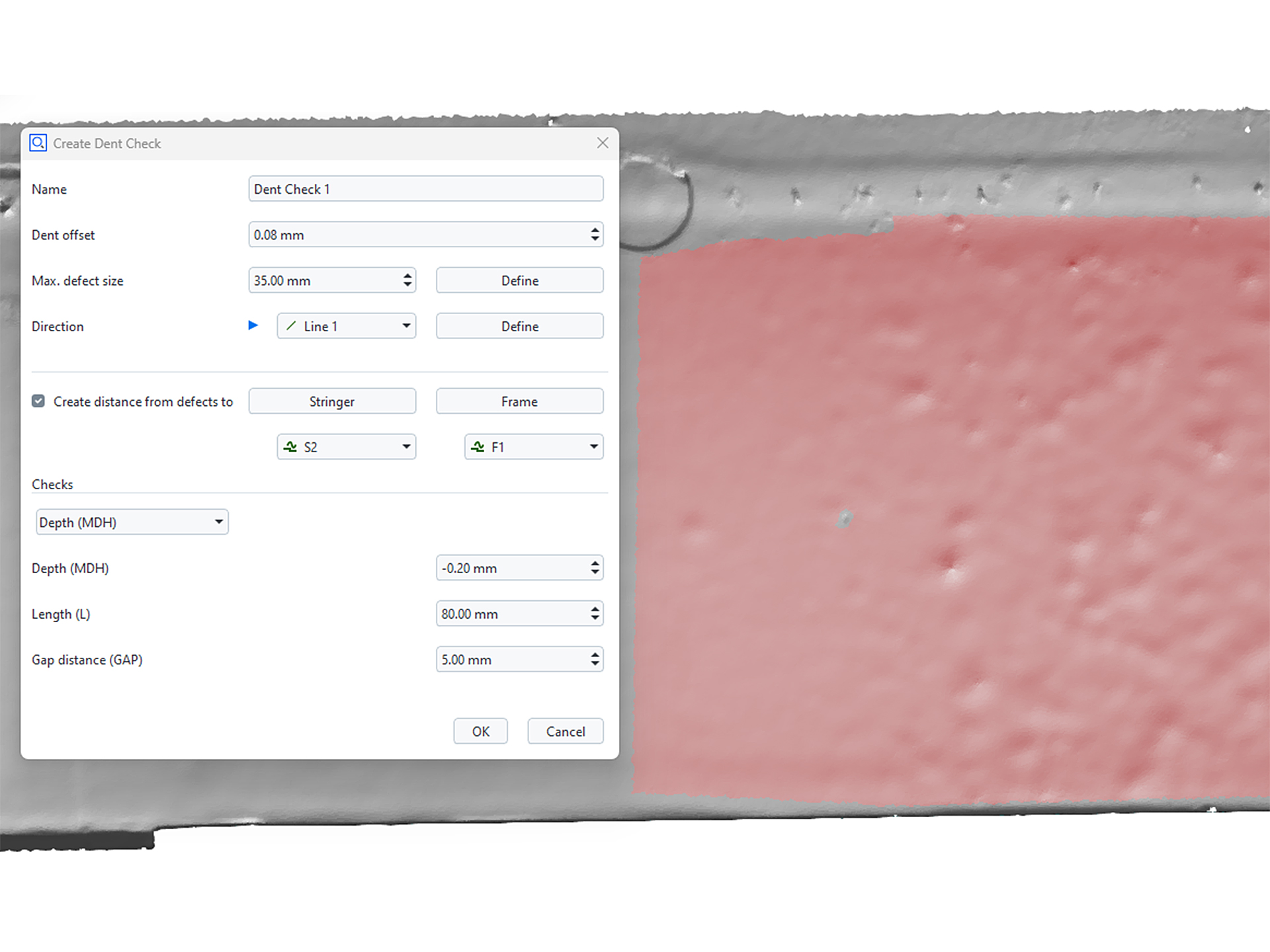 ZEISS software interface displaying dent check parameters alongside a 3D surface scan of a textured metallic component.