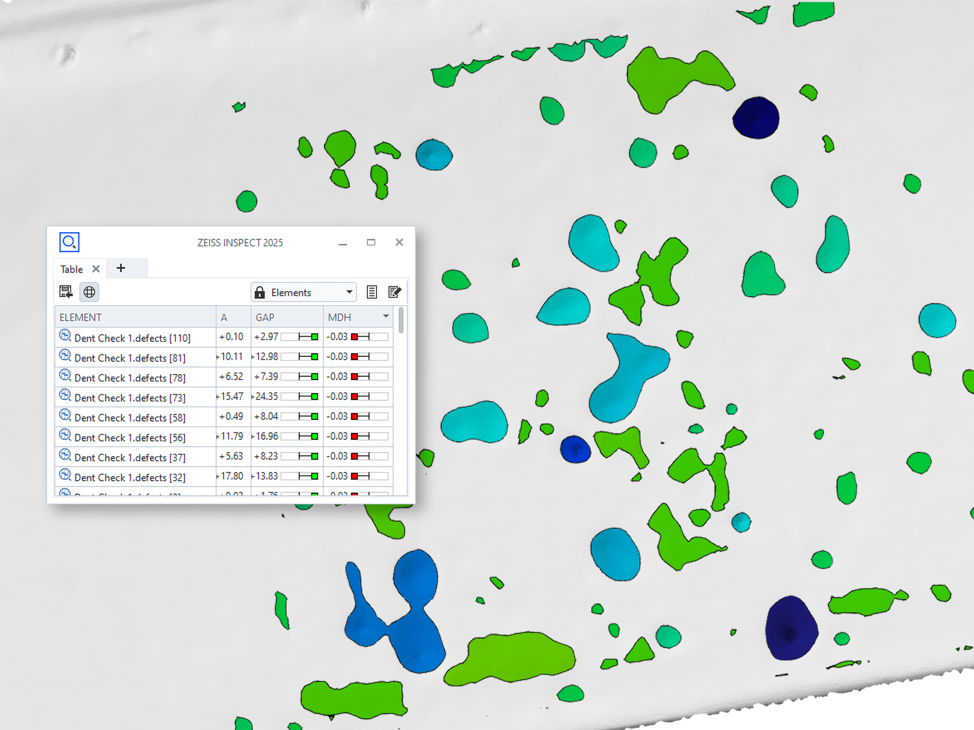3D surface inspection image showing color-coded depth deviations analyzed with ZEISS INSPECT software, alongside a data table of measurement results.