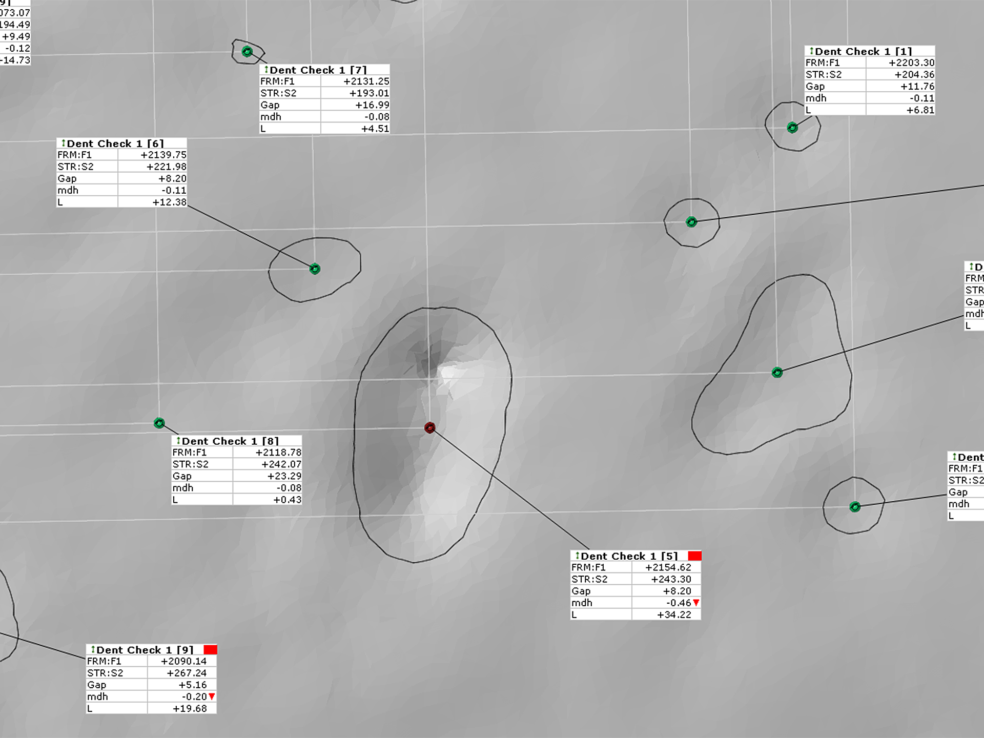 Surface topography analysis image showing measurement points, contour lines, and data tables generated by ZEISS inspection software.