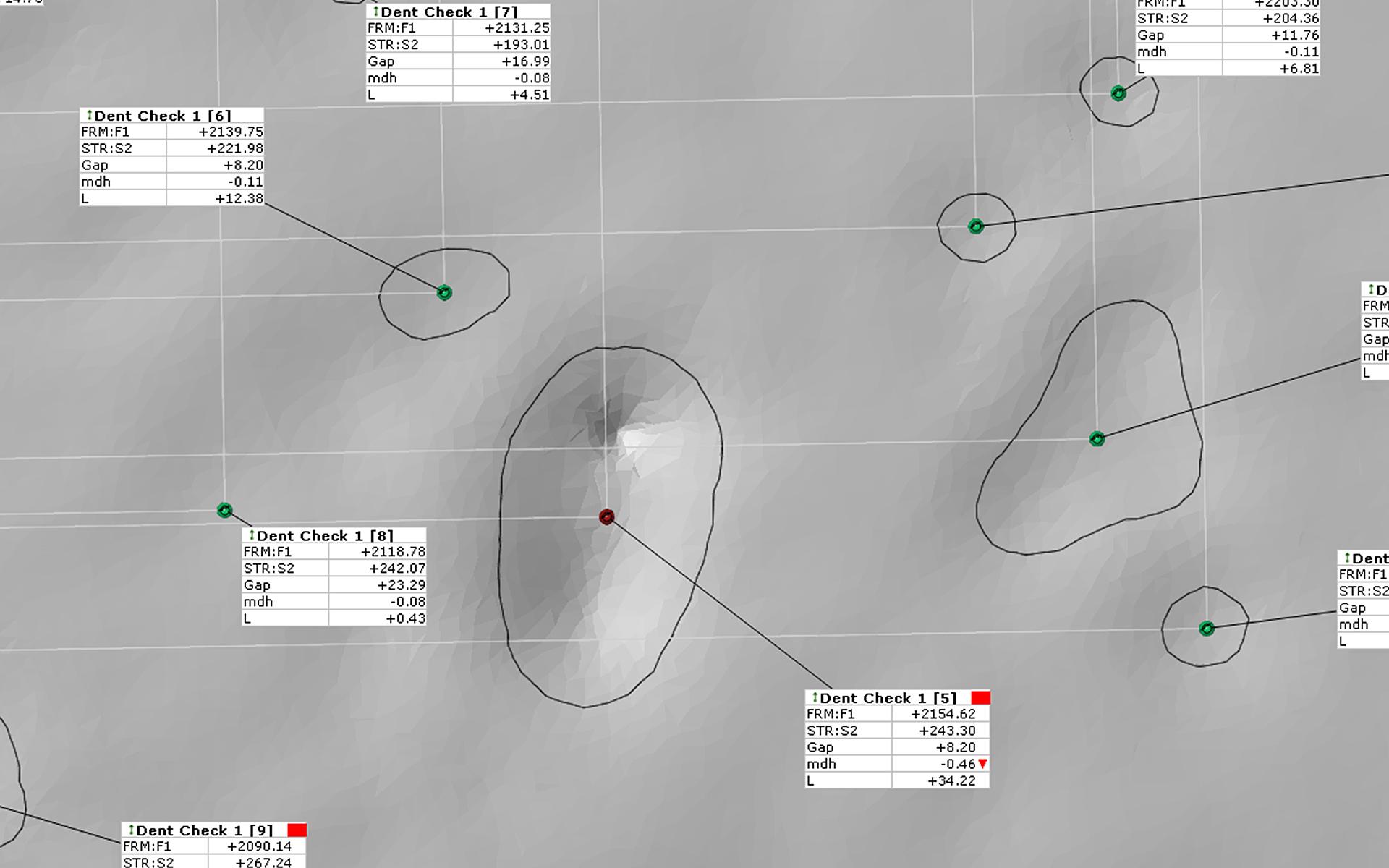 Surface topography analysis image showing measurement points, contour lines, and data tables generated by ZEISS inspection software.