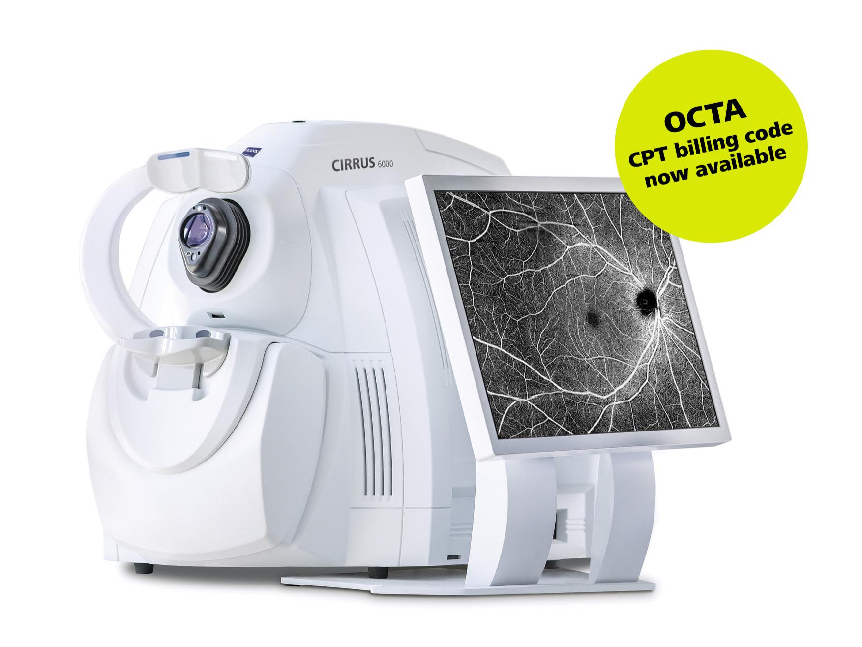 High-resolution image of a ZEISS CIRRUS 6000 optical coherence tomography (OCT) device with a monitor displaying a detailed retinal scan.