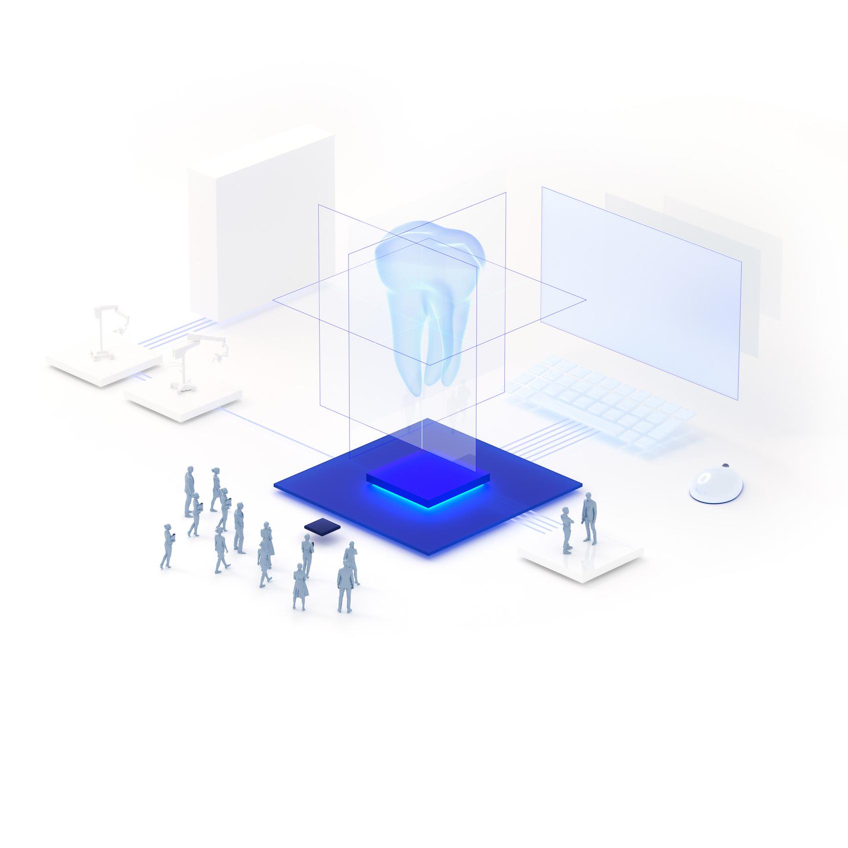 Digital illustration showing a group of miniature people observing a 3D  holographic tooth projection surrounded by ZEISS imaging technology elements like monitors and optical devices.